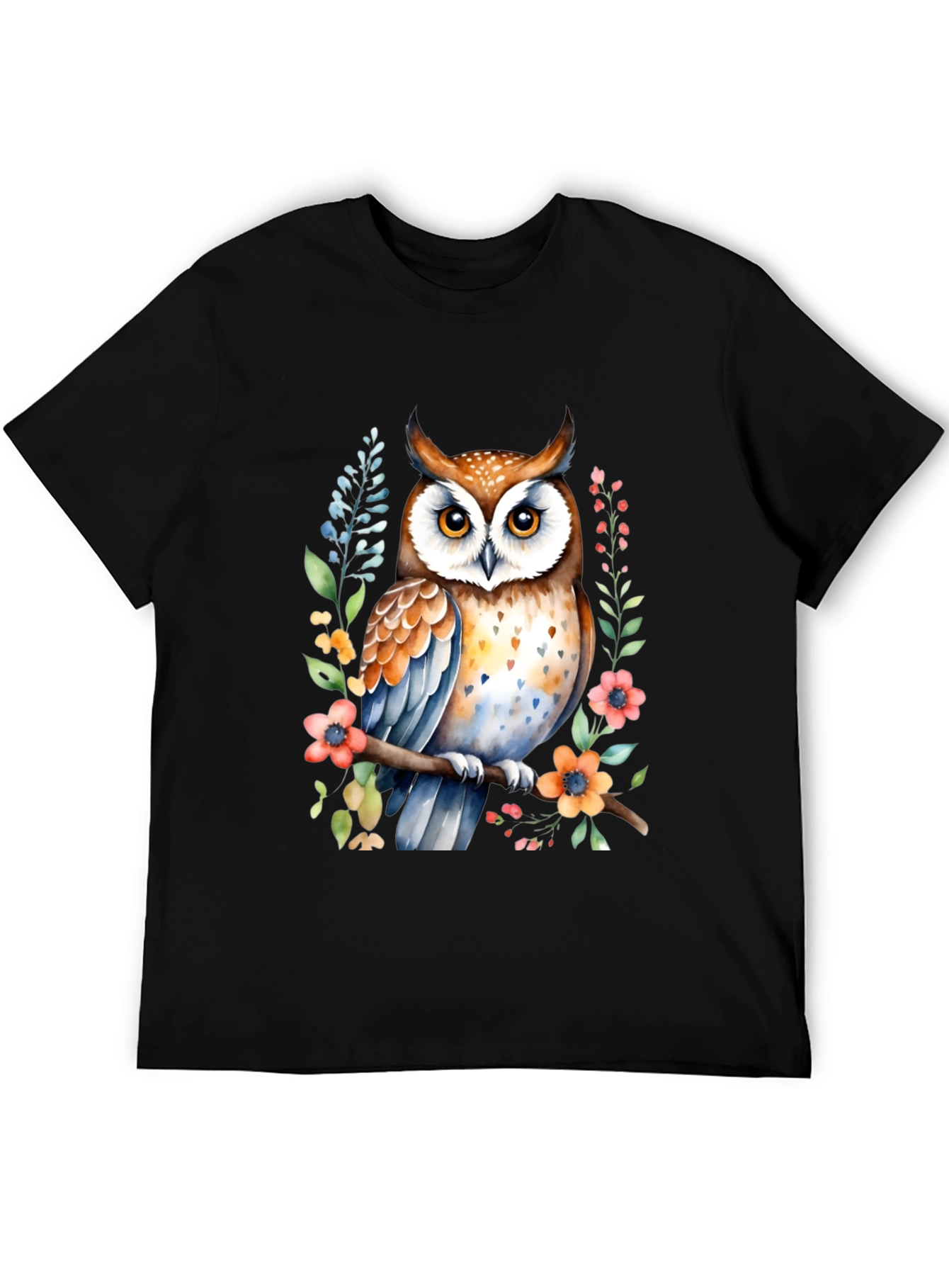 Black Owl Watercolor Graphic Tee - Unique Floral Design view 5