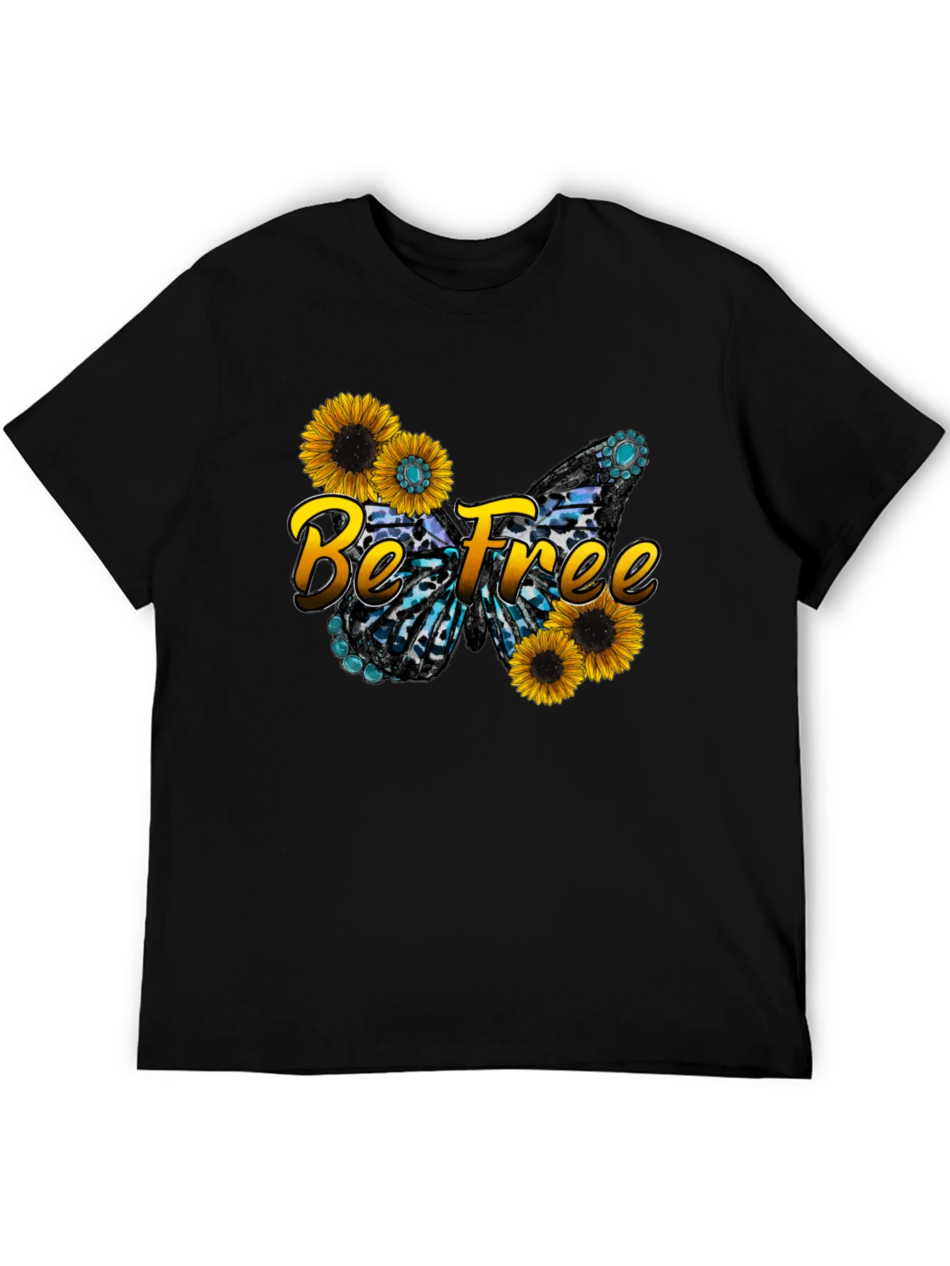 Black Be Free Sunflower Butterfly Graphic Black T-Shirt view 5