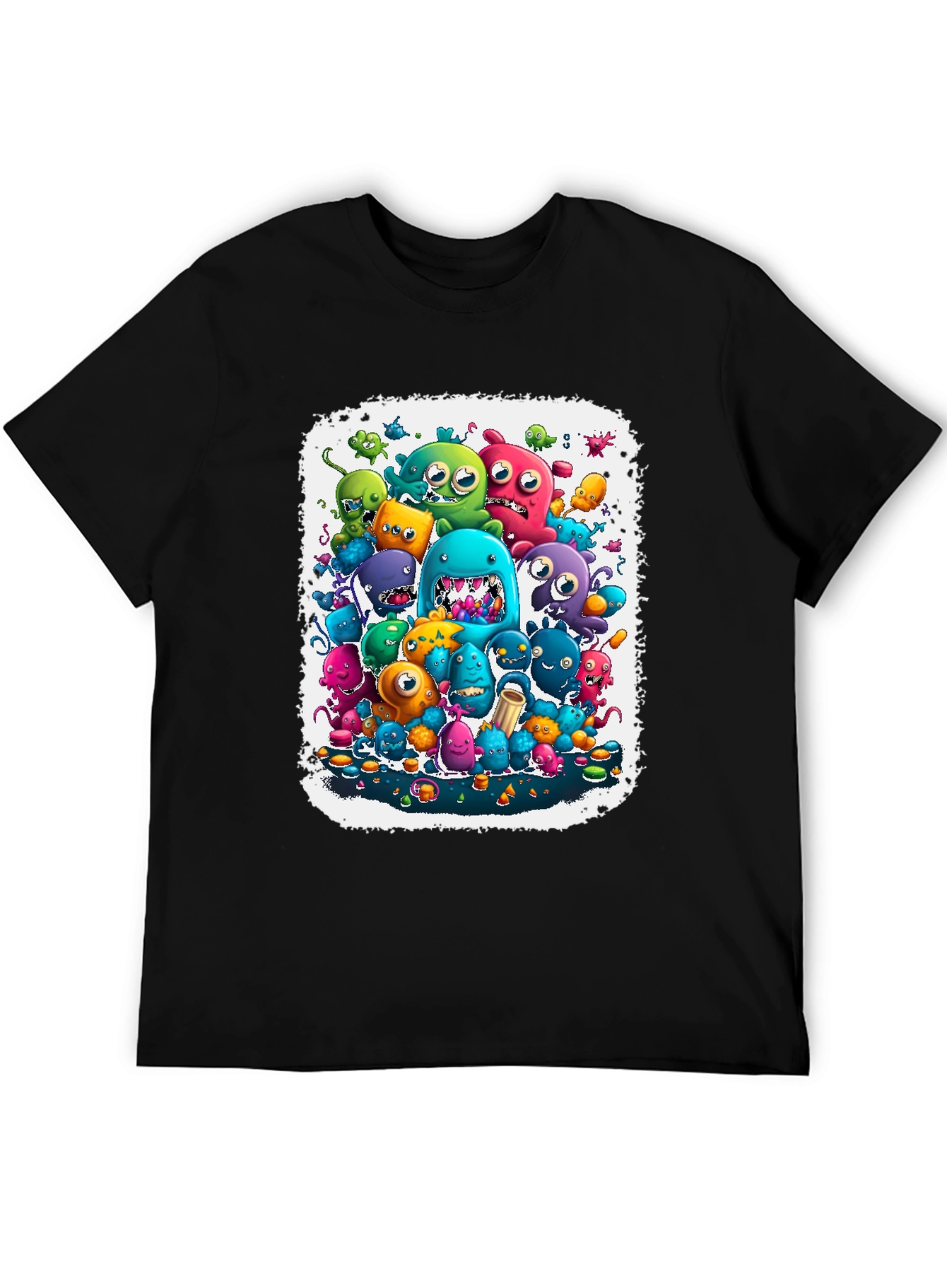 Black Monster Mash Tee: Colorful Cartoon Graphic Print view 5