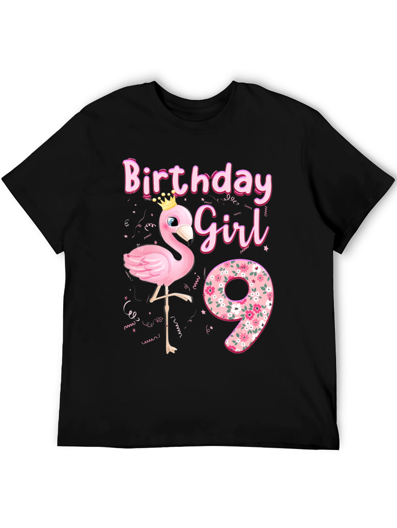 Black Birthday Girl 9th Flamingo T-Shirt view 5