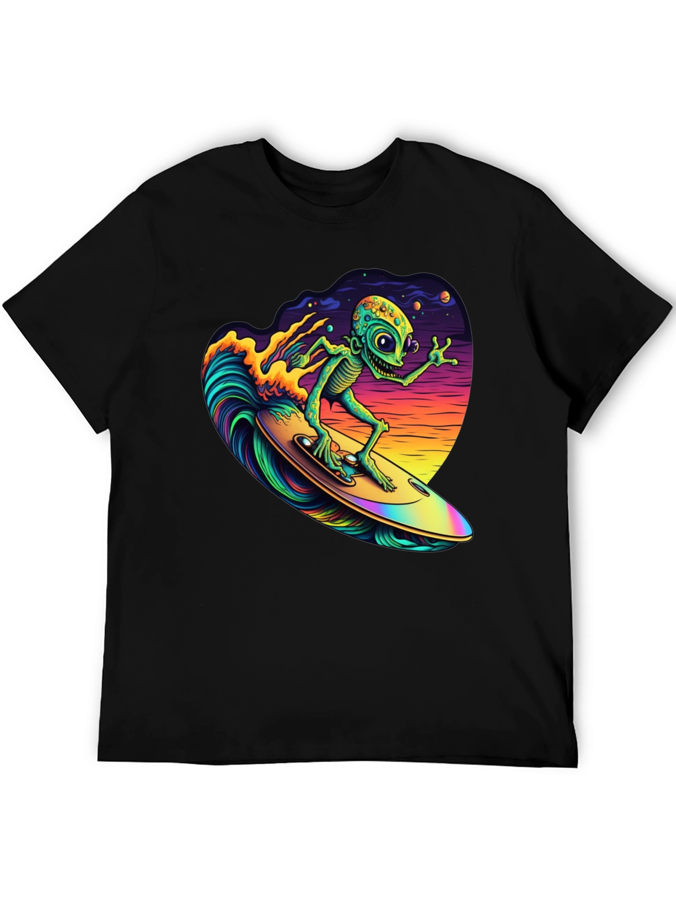 Black Surfing Alien T-Shirt - Black Cotton Tee view 5