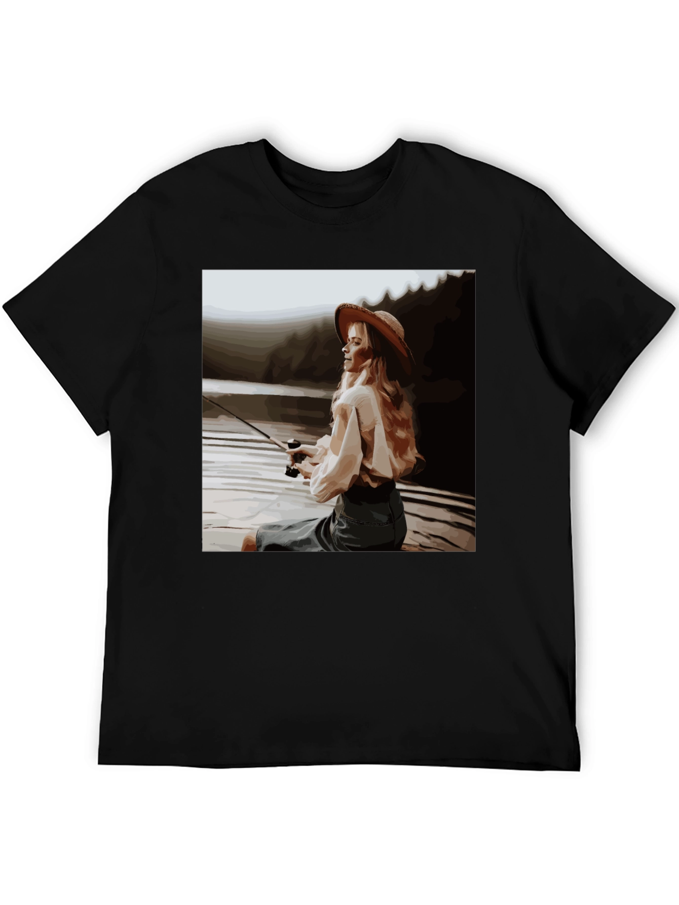 Black Woman Fishing Graphic Tee - Black Cotton T-Shirt view 5