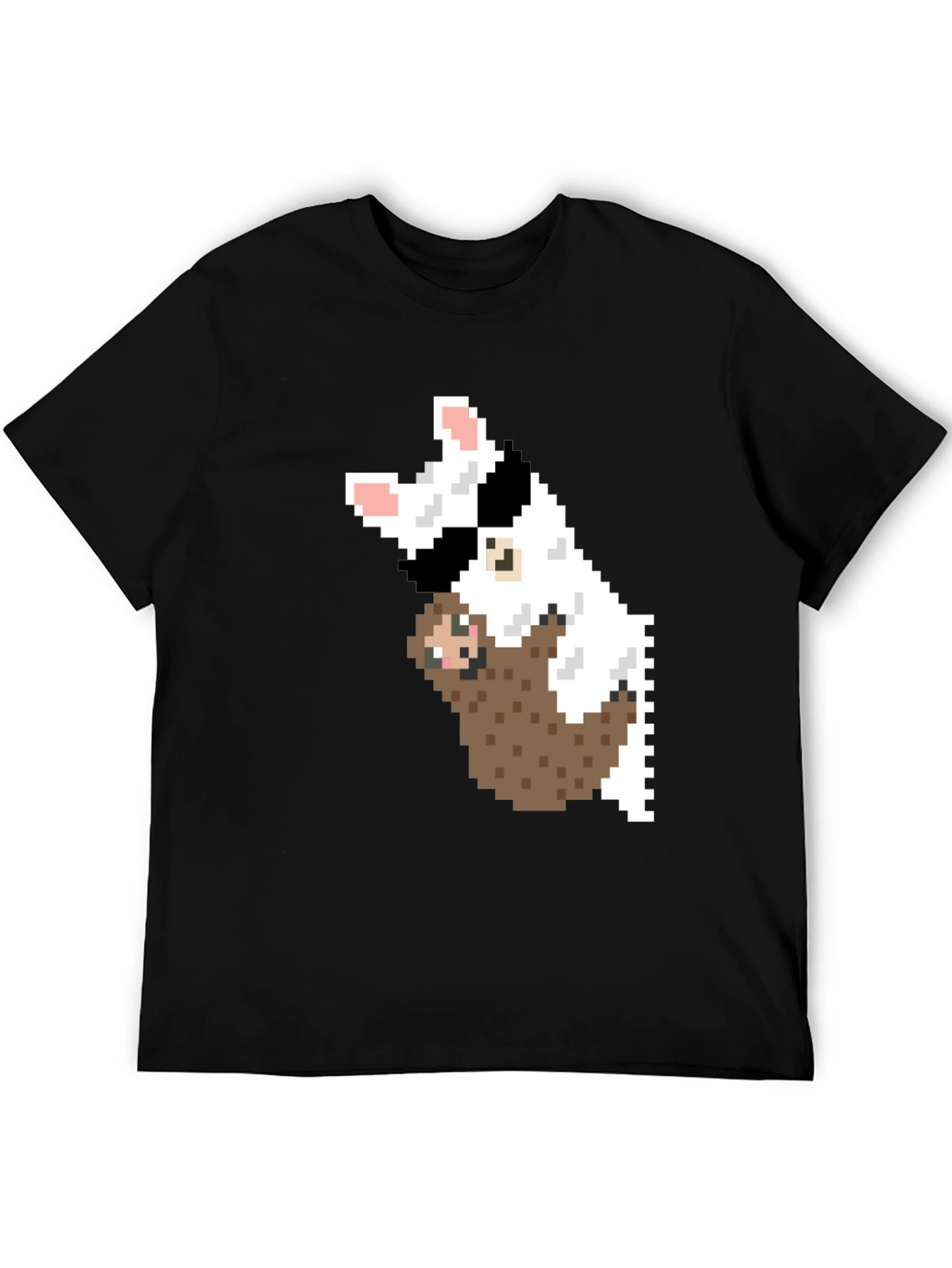 Black Pixel Art Sloth & Dog Graphic T-Shirt view 5