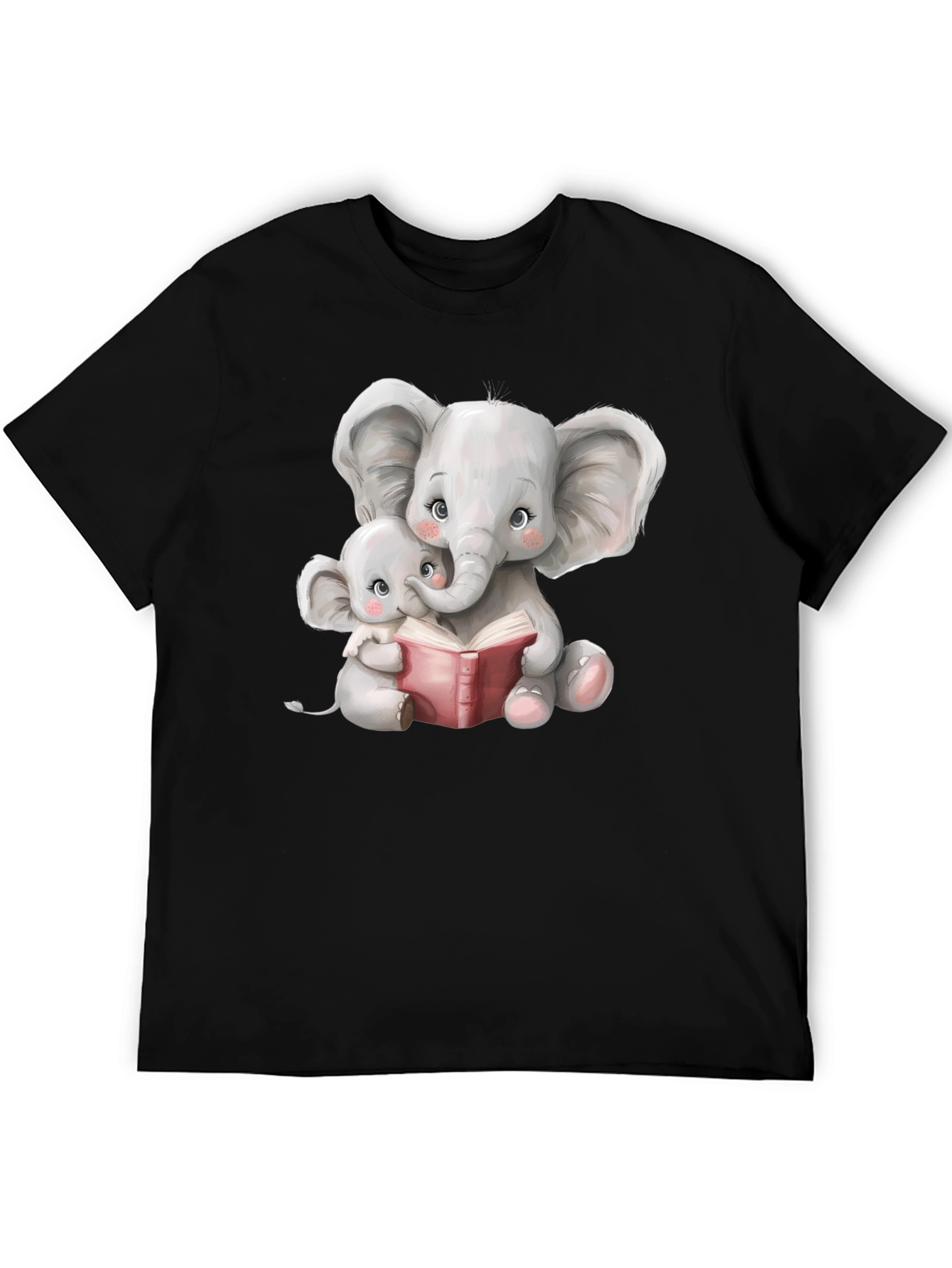 Black Elephant Mom and Baby Reading Black T-Shirt view 5