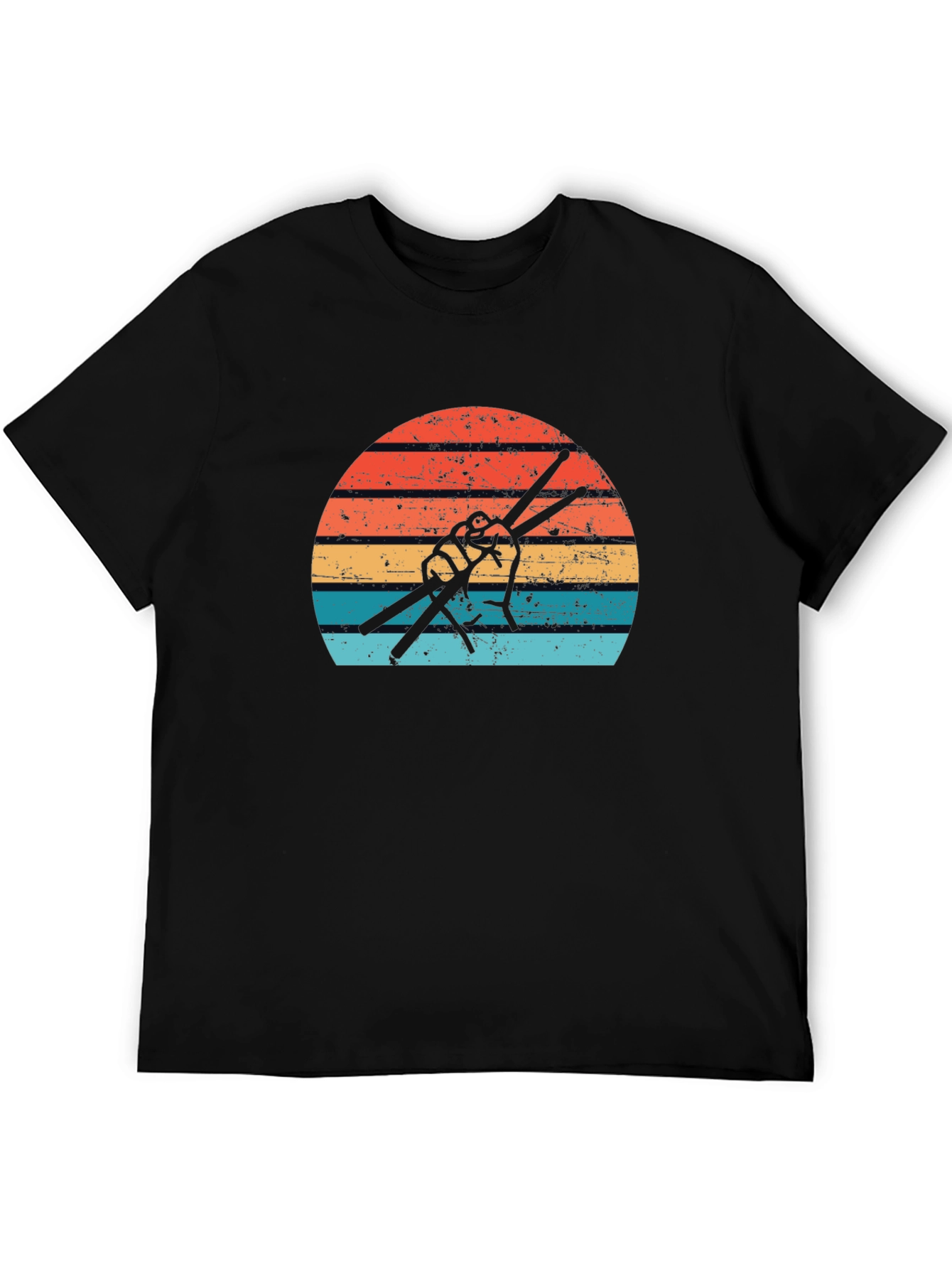 Black Retro Drummer T-Shirt - Vintage Drum Sticks Sunset Design view 5