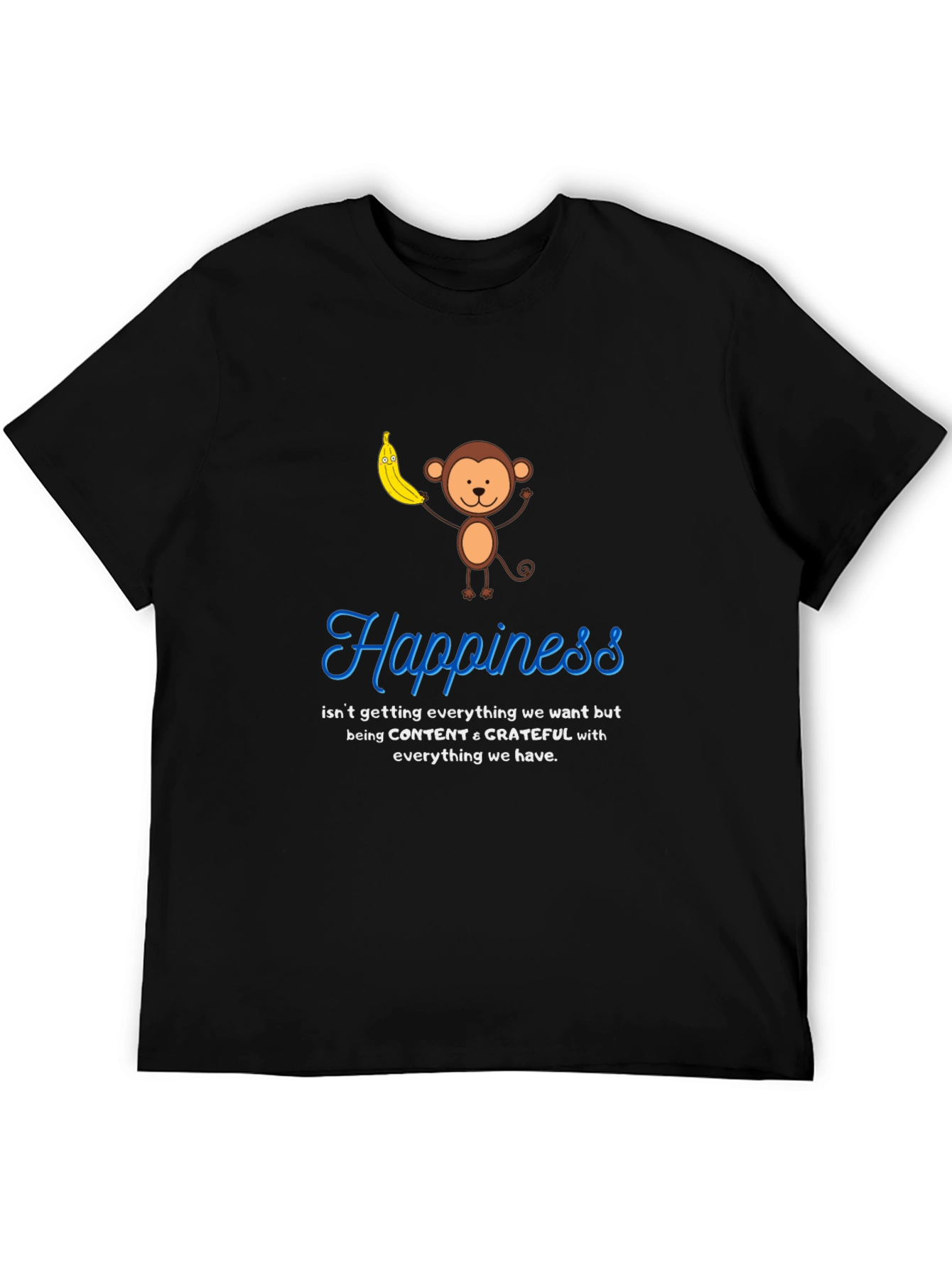 Black Happiness Monkey Graphic Tee: Content & Grateful T-Shirt view 5