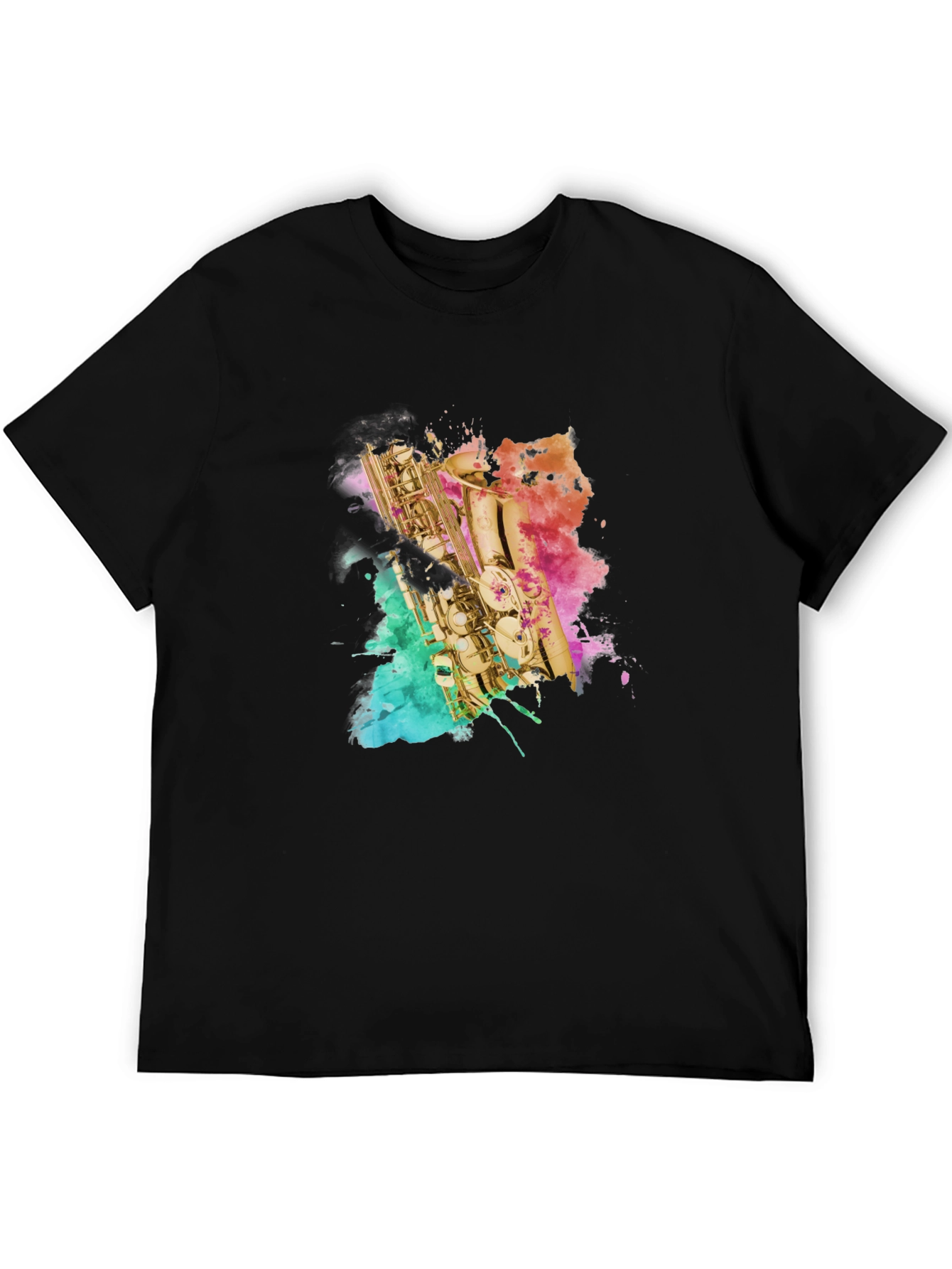 Black Saxophone Watercolor Art Men's Black T-Shirt view 5