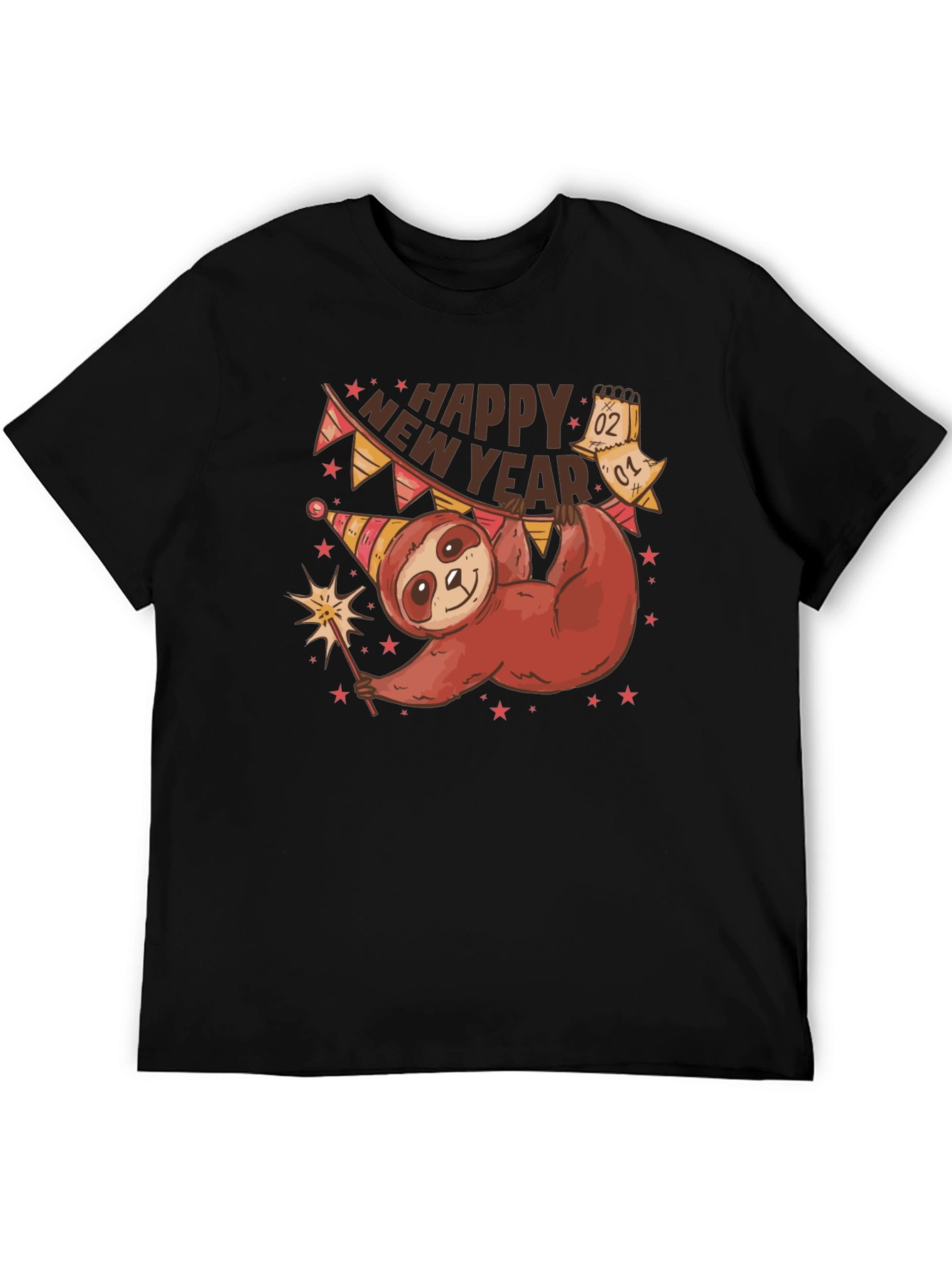 Black Happy New Year Sloth T-Shirt view 5