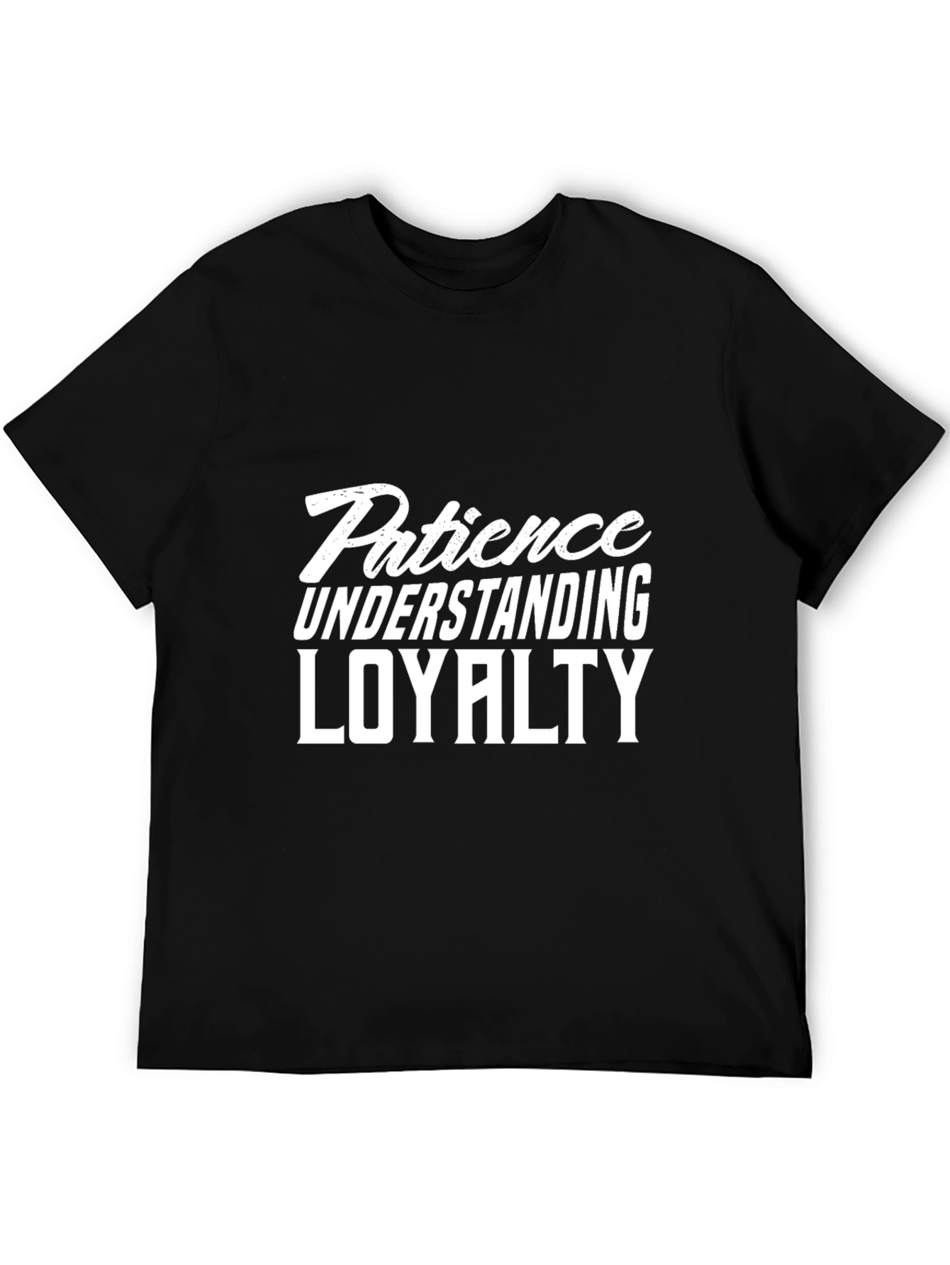 Black Men's Black T-Shirt with Patience, Understanding, Loyalty Print view 5