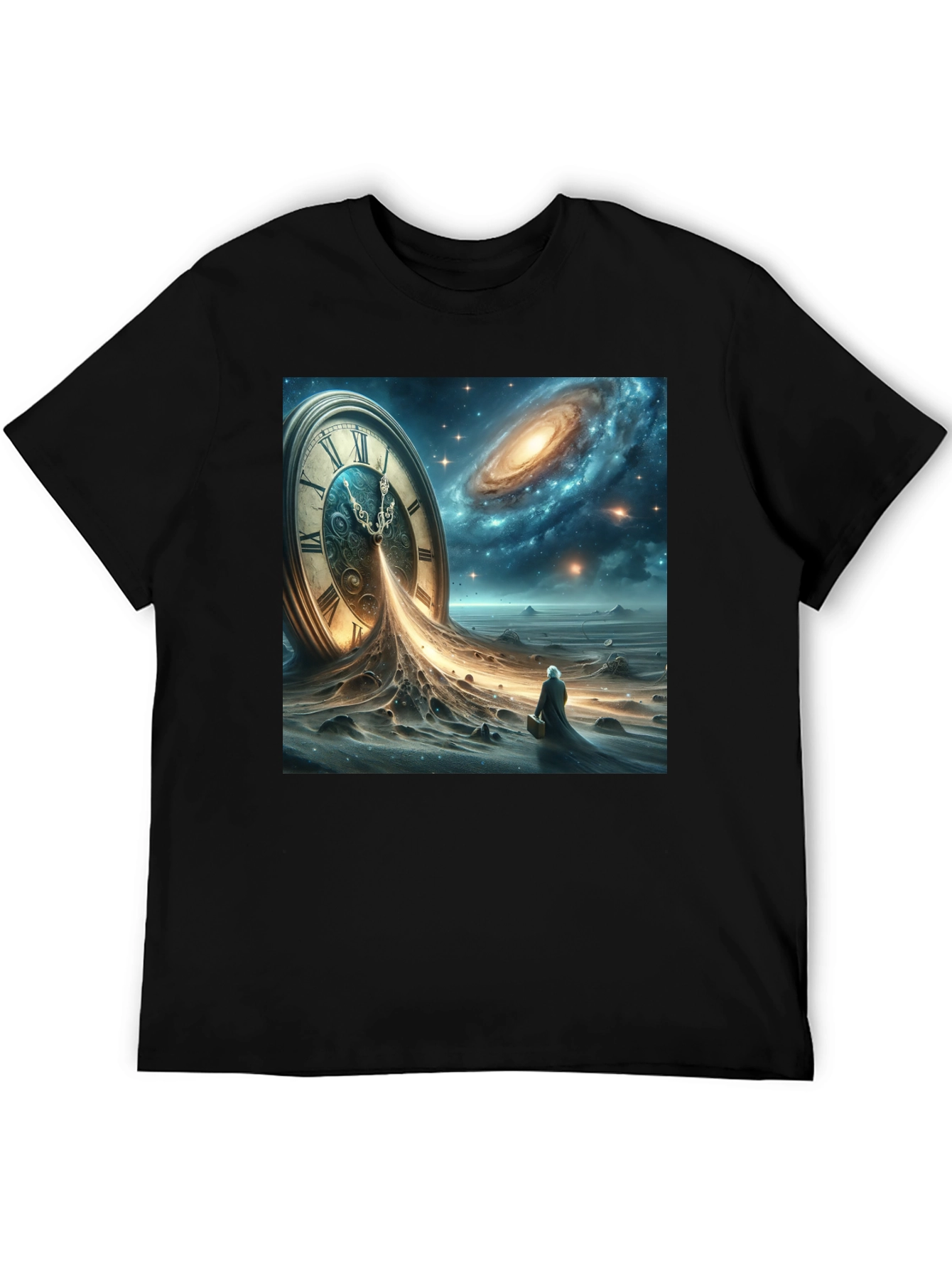 Black Time and Space Tee: Surreal Galaxy Clock Design view 5
