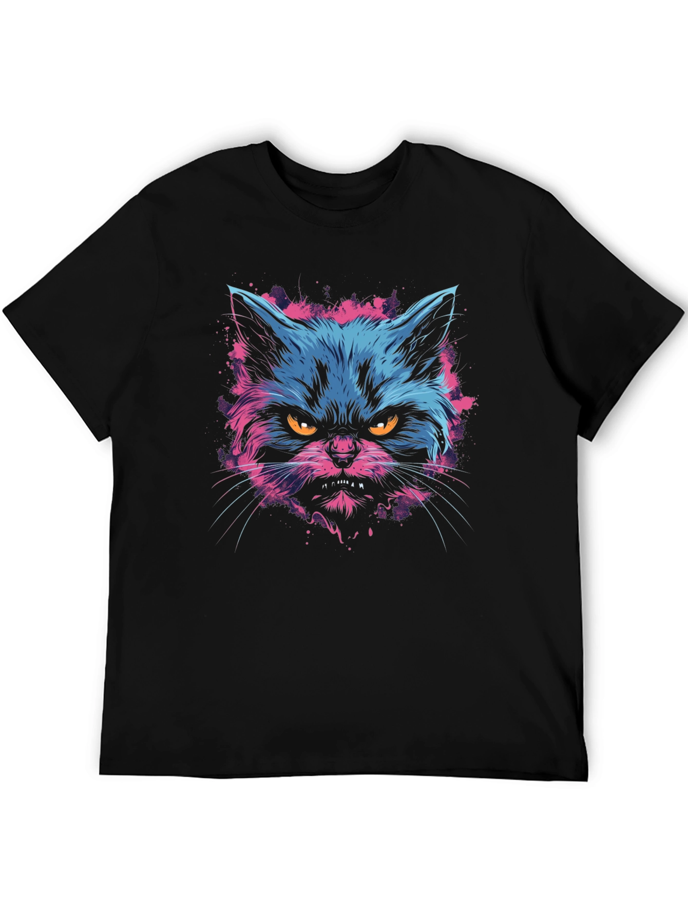 Black Neon Angry Cat Graphic Print Men's T-Shirt view 5