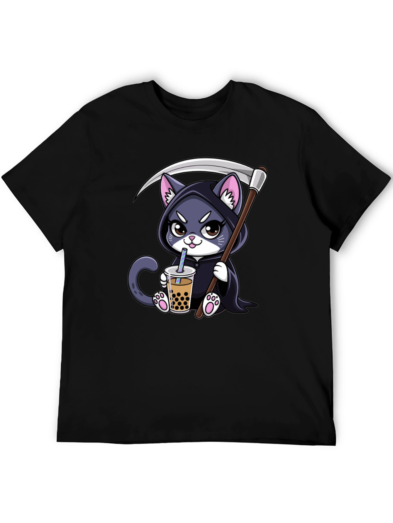 Black Grim Reaper Kitty Boba Tea T-Shirt view 5