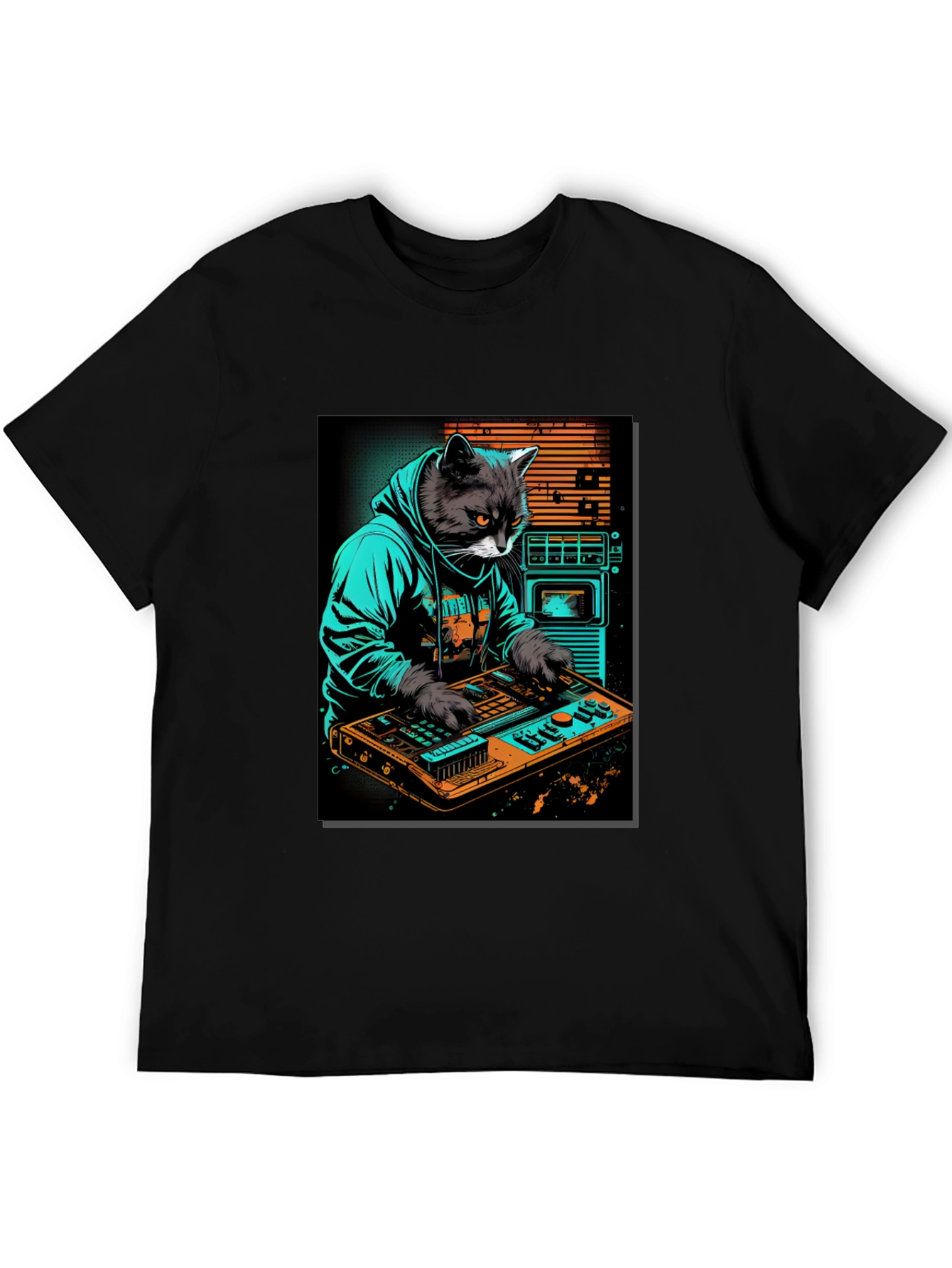 Black Cat DJ Graphic Tee - Cool Black T-Shirt view 5
