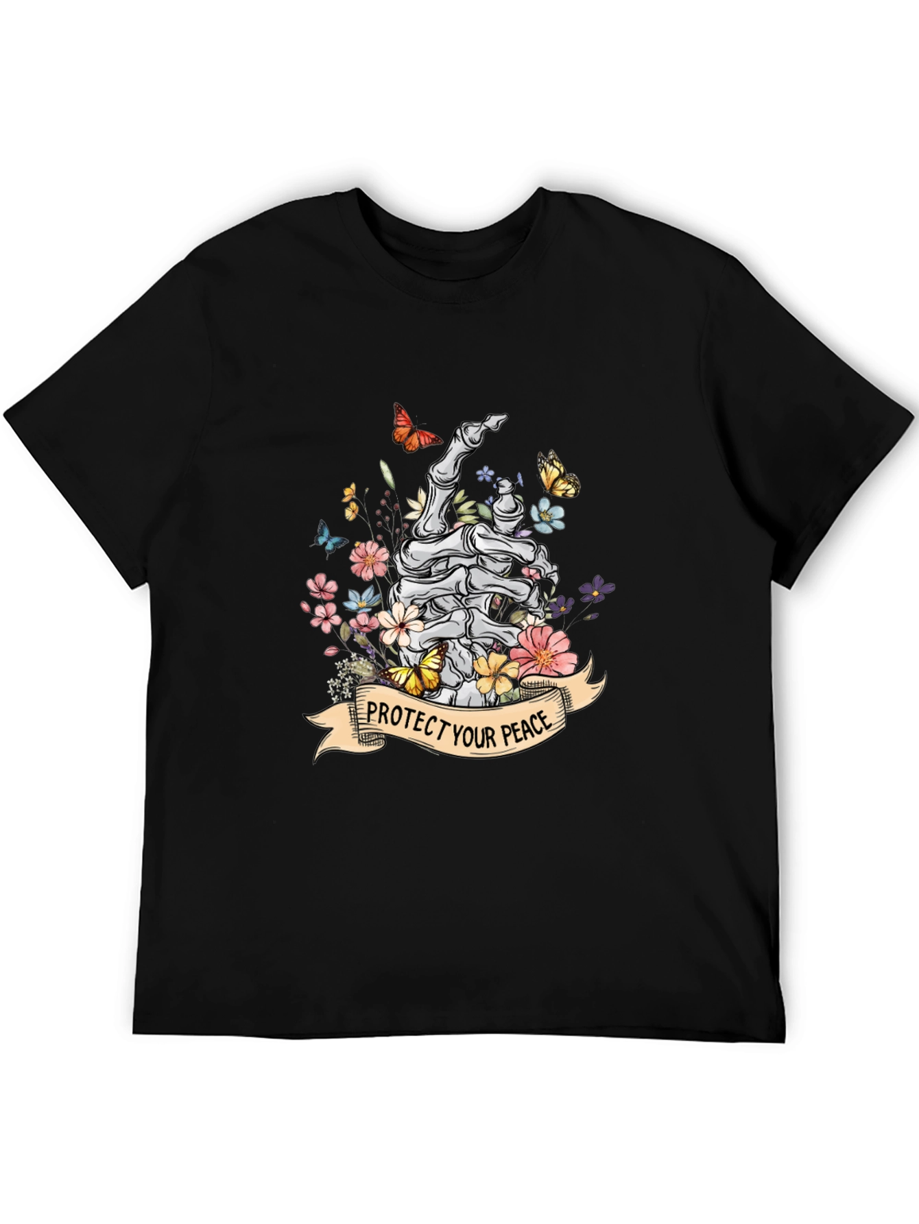 Black Protect Your Peace Floral Skeleton Hand T-Shirt view 5