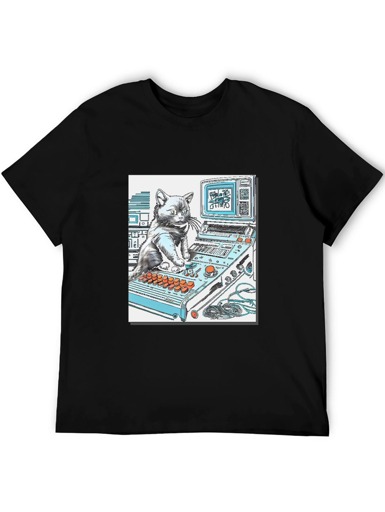 Black DJ Cat Graphic T-Shirt - Cool Black Tee view 5