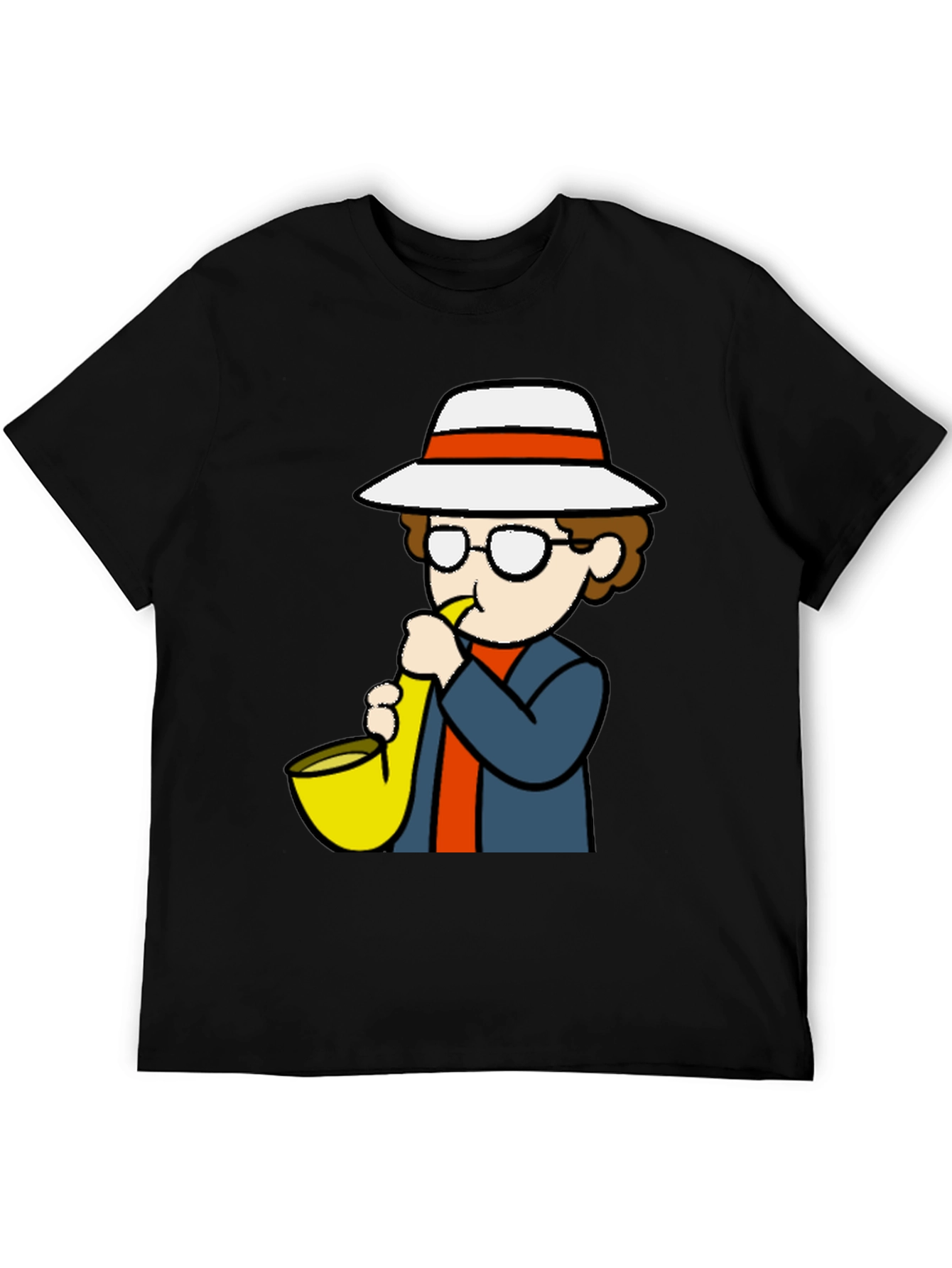 Black Cartoon Sax Player T-Shirt - Cool Graphic Tee view 5