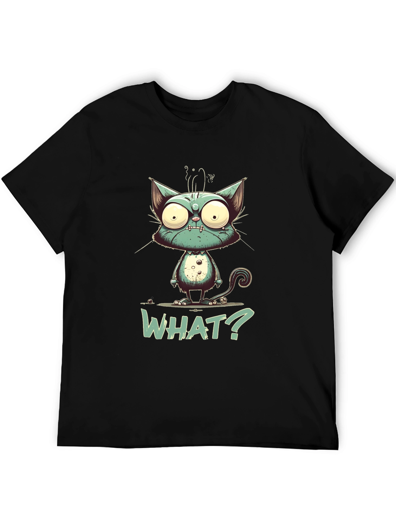 Black Cartoon Cat "WHAT?" Graphic Tee - Unisex view 5