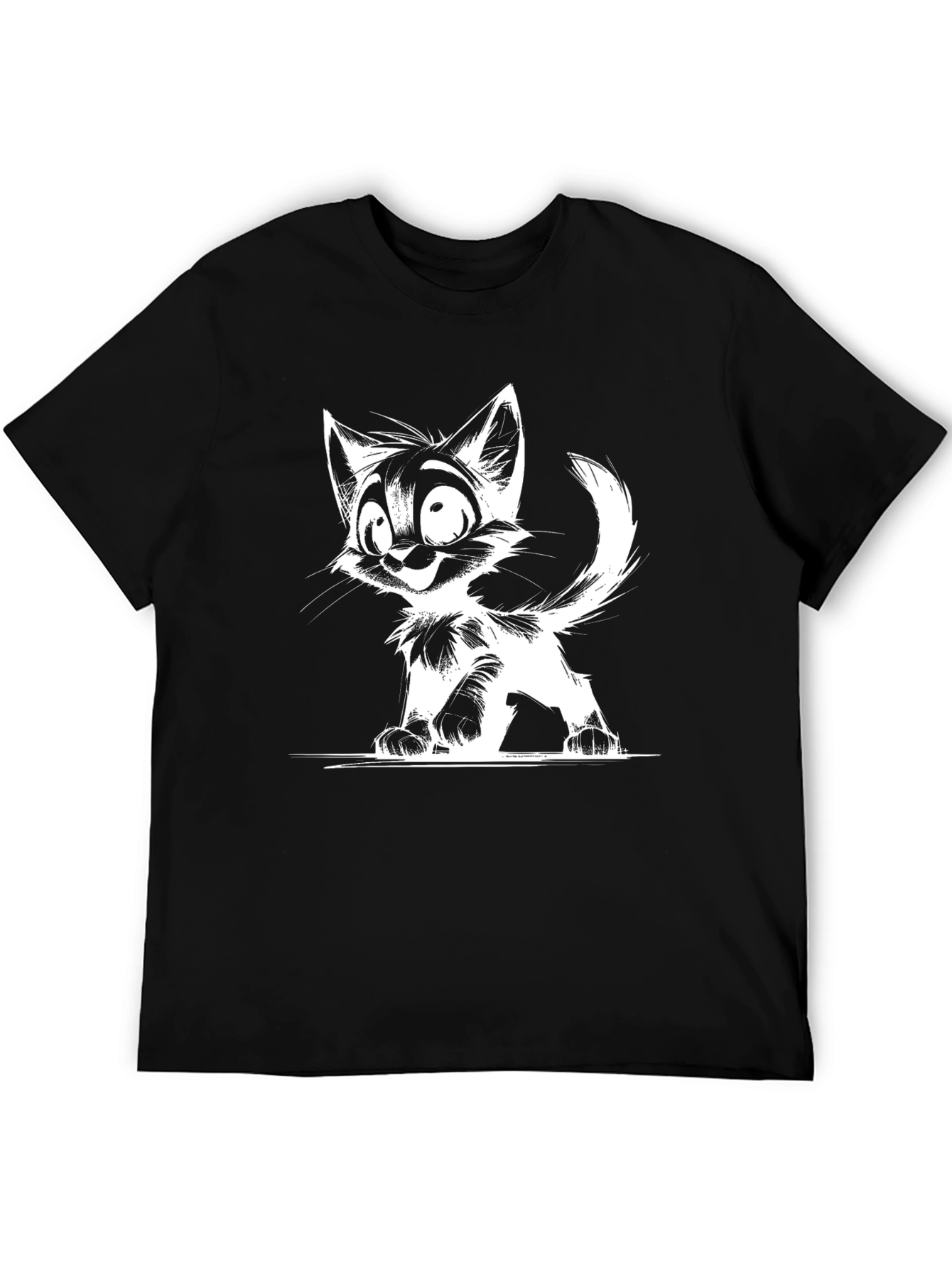 Black Cartoon Cat Graphic T-Shirt - Black view 5