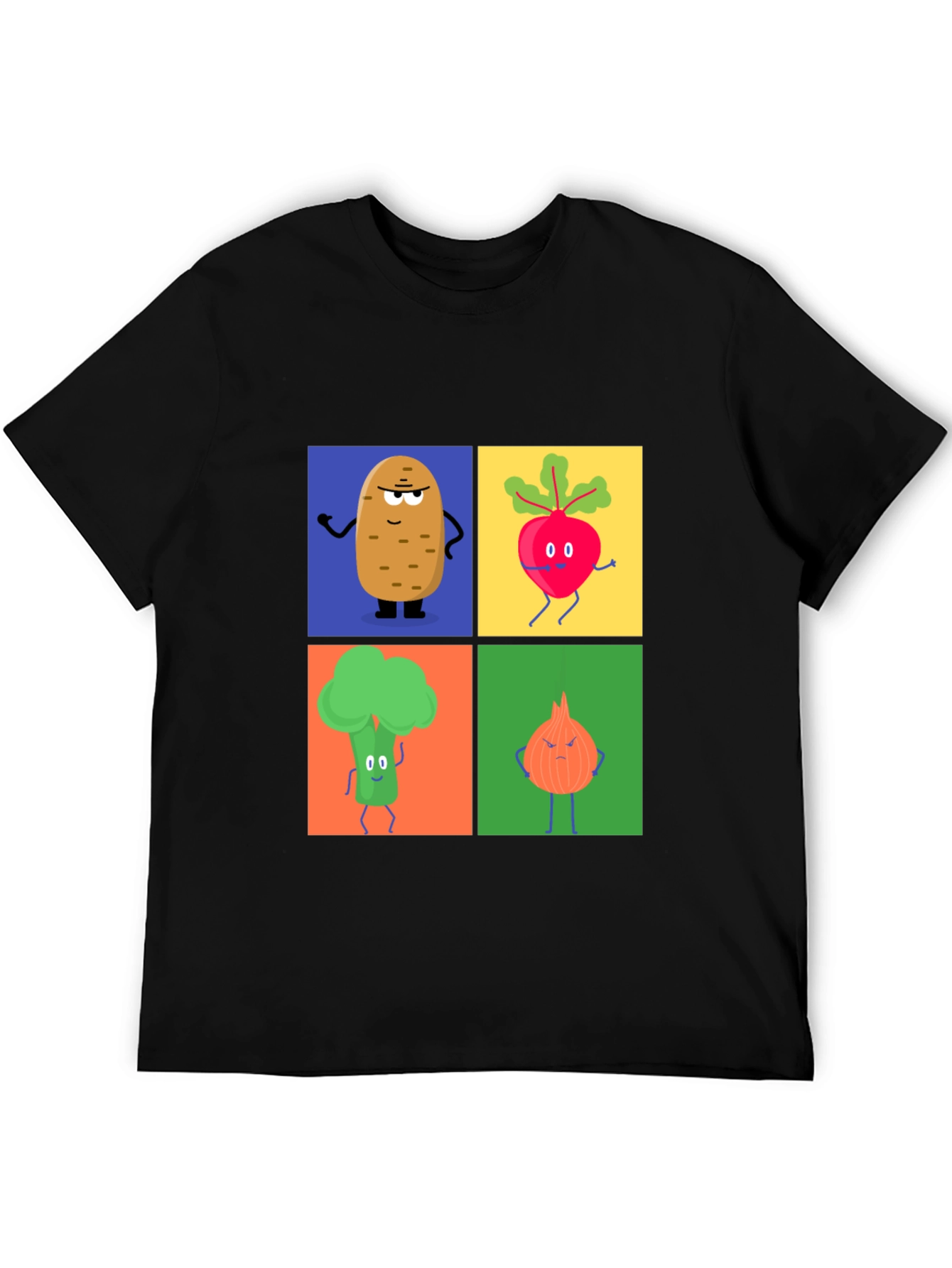 Black Veggie Cartoon T-Shirt: Potato, Beet, Broccoli, Onion view 5