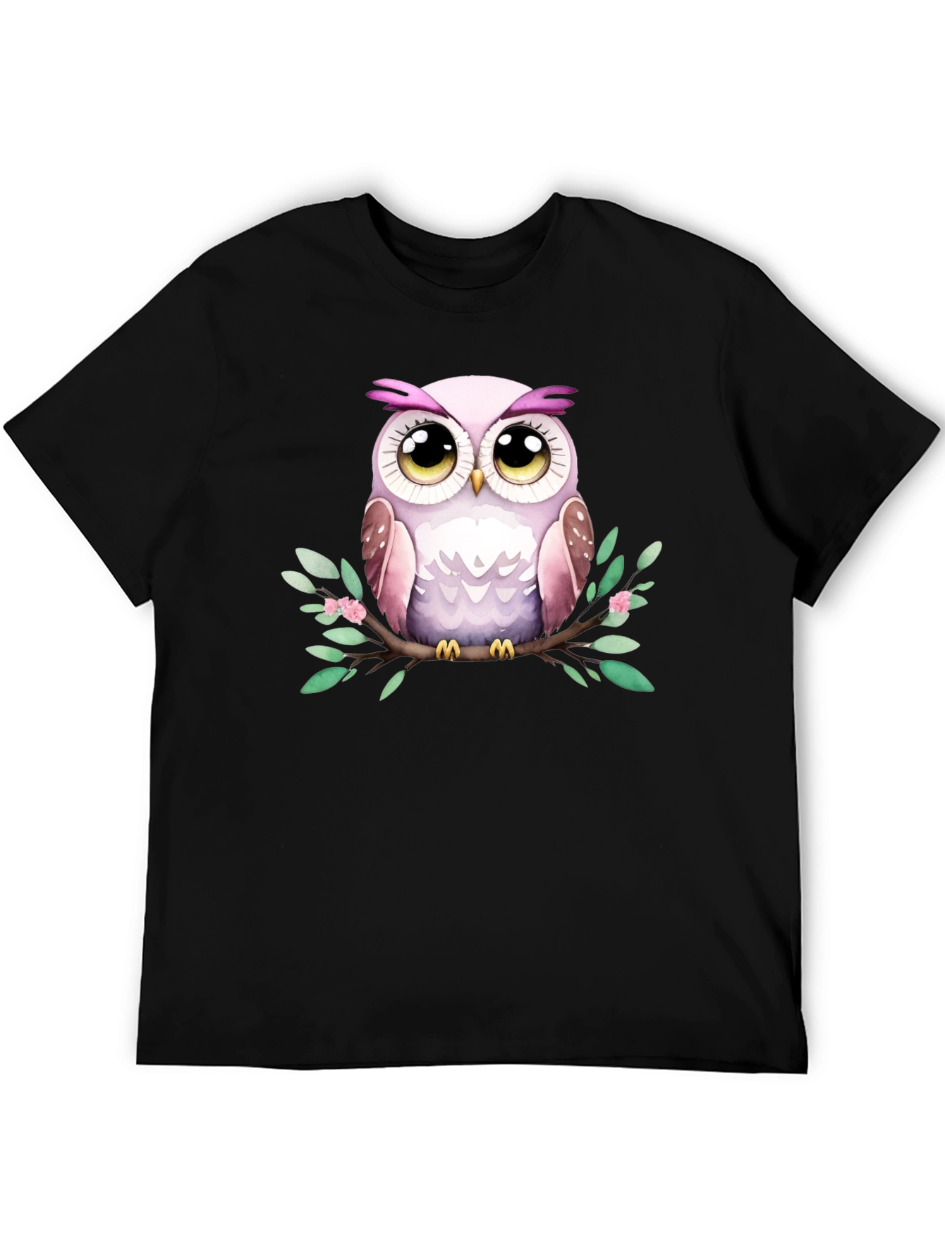 Black Cute Owl Graphic Tee - Black Cotton Blend view 5