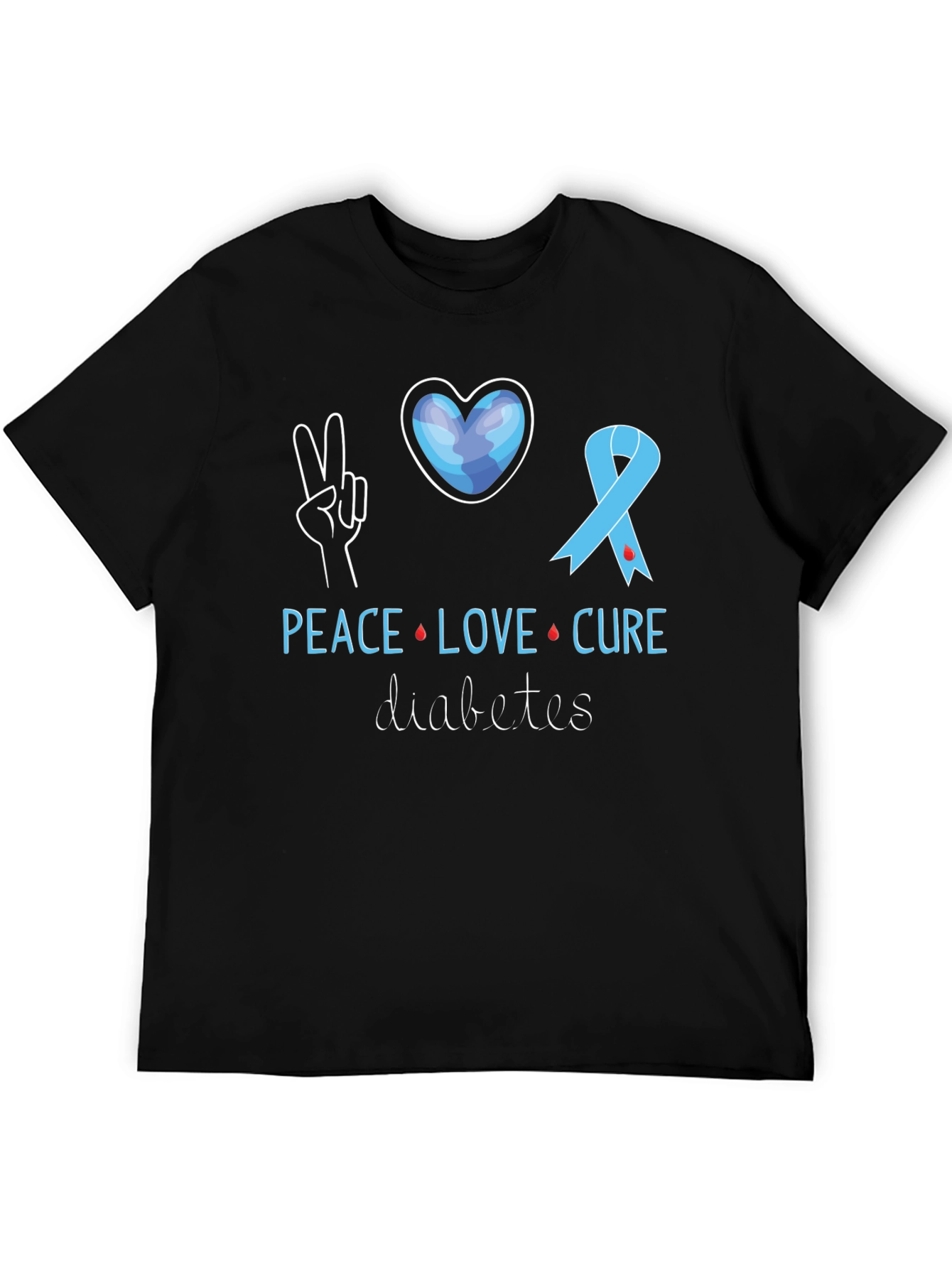 Black Peace Love Cure Diabetes Awareness T-Shirt view 5