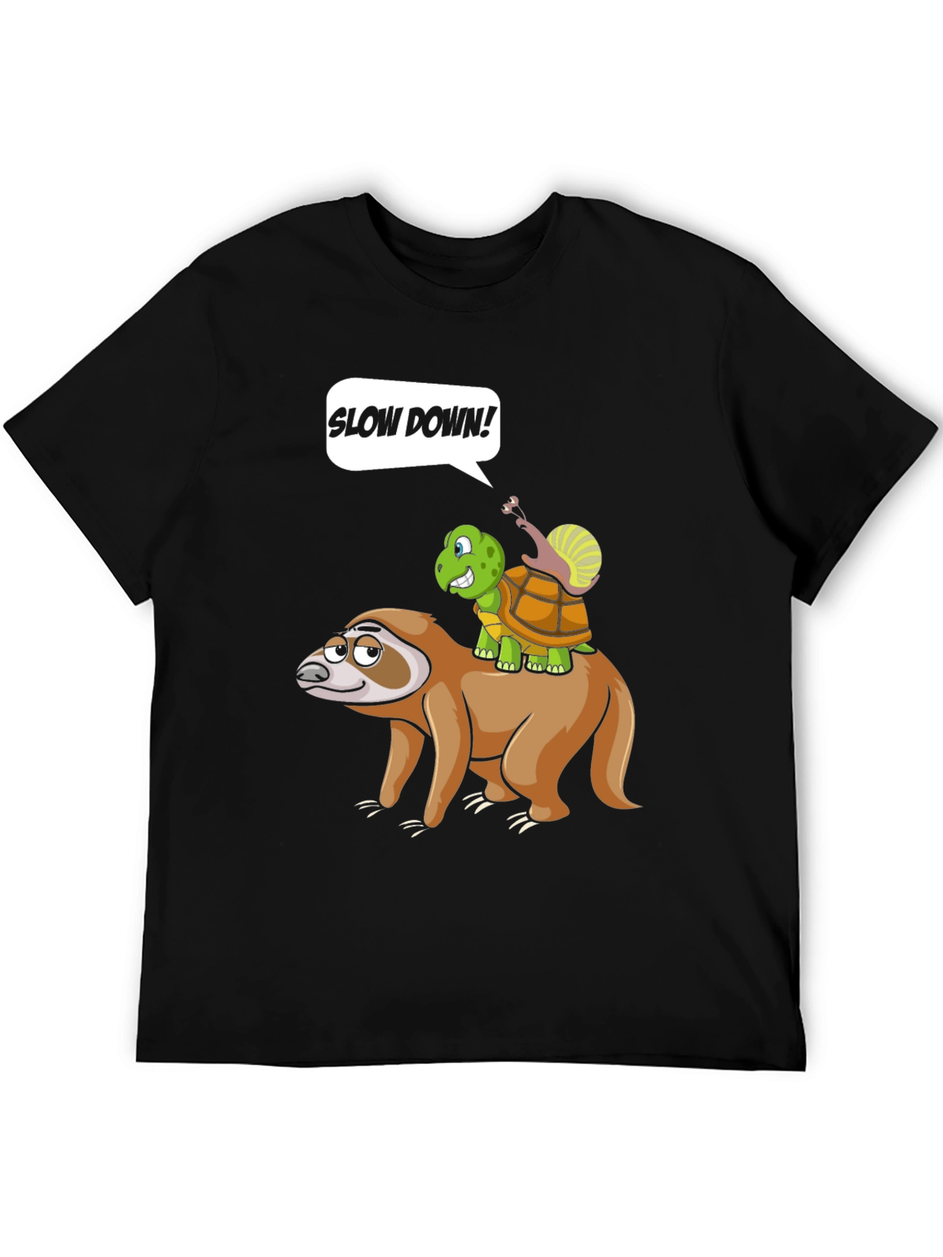 Black Funny Slow Down Sloth, Turtle, and Snail T-Shirt view 5