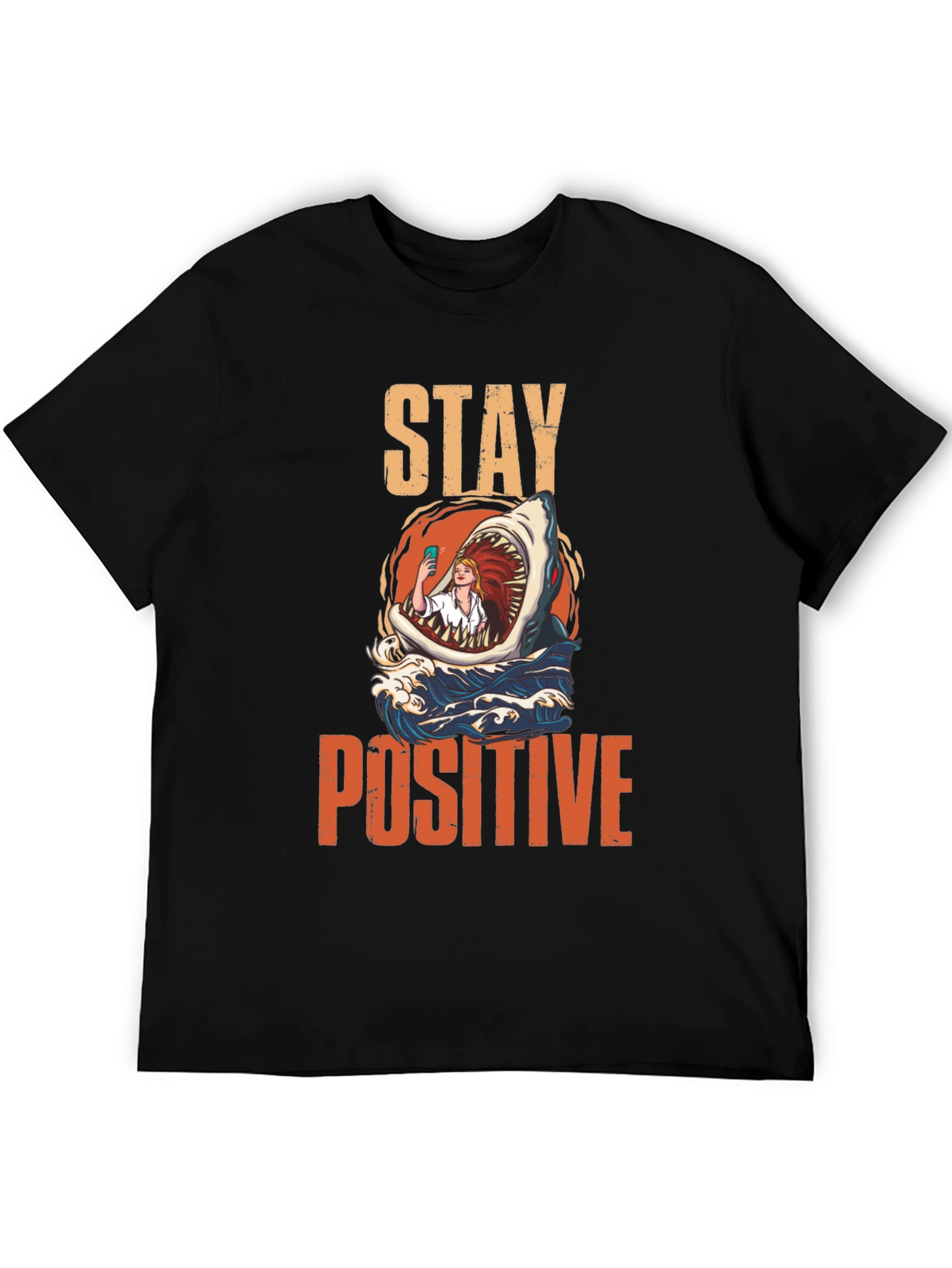 Black Stay Positive Shark Selfie Graphic Tee view 5