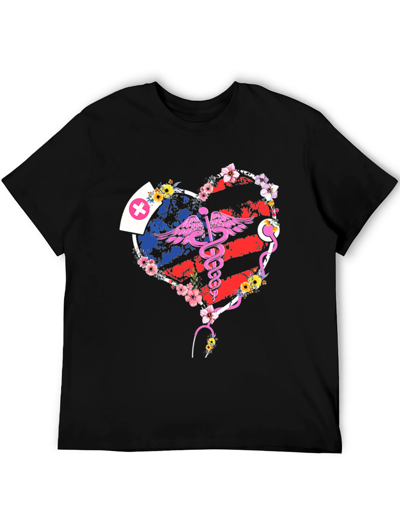 Black Nurse American Flag Heart T-Shirt view 5