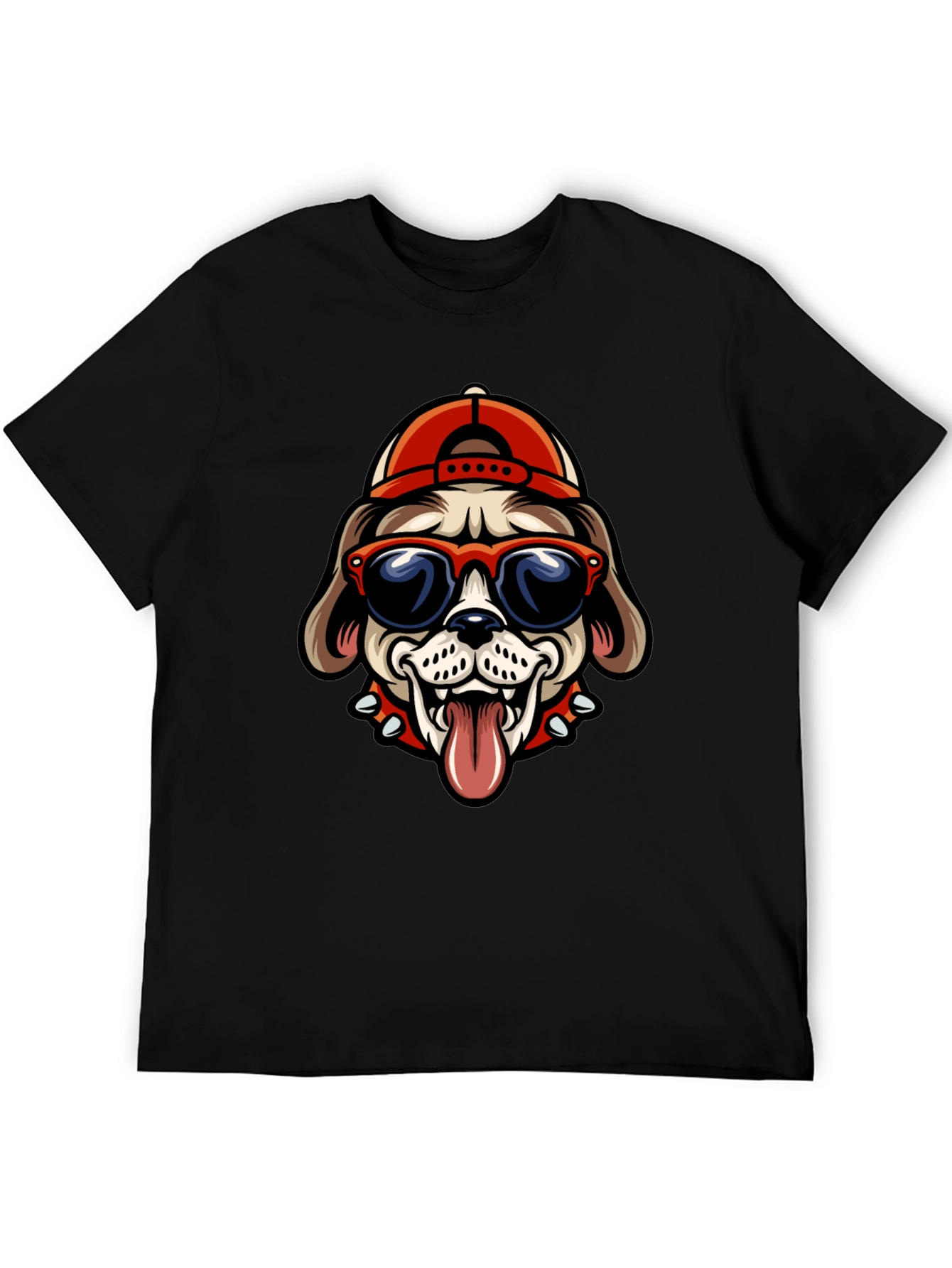 Black Cool Dog Tee: Cartoon Bulldog with Cap & Shades view 5