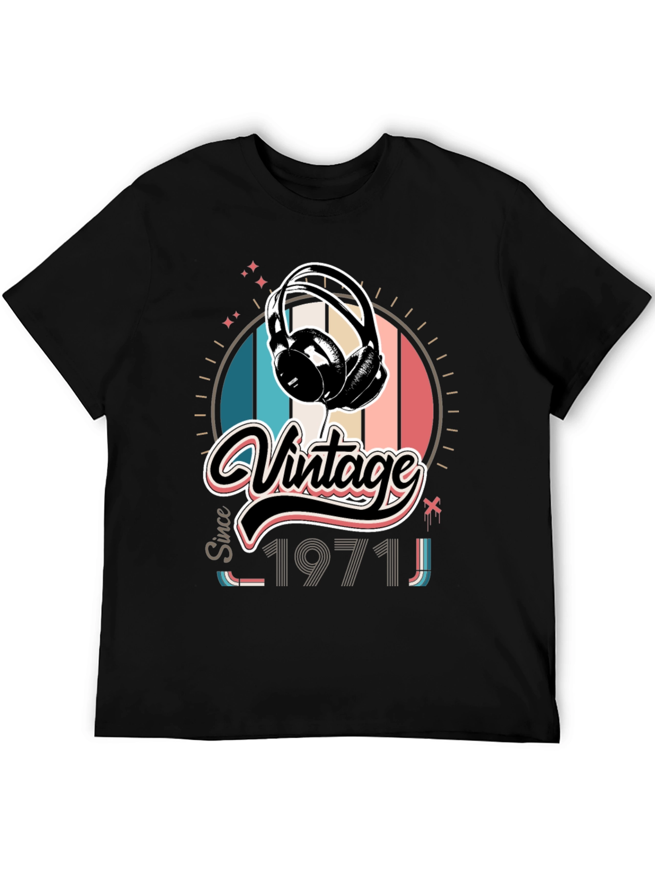 Black Vintage Since 1971 Headphones Graphic T-Shirt view 5