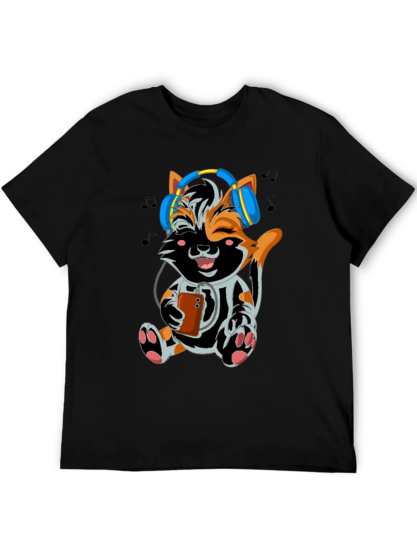 Black Cute Cat with Headphones Black T-shirt view 5