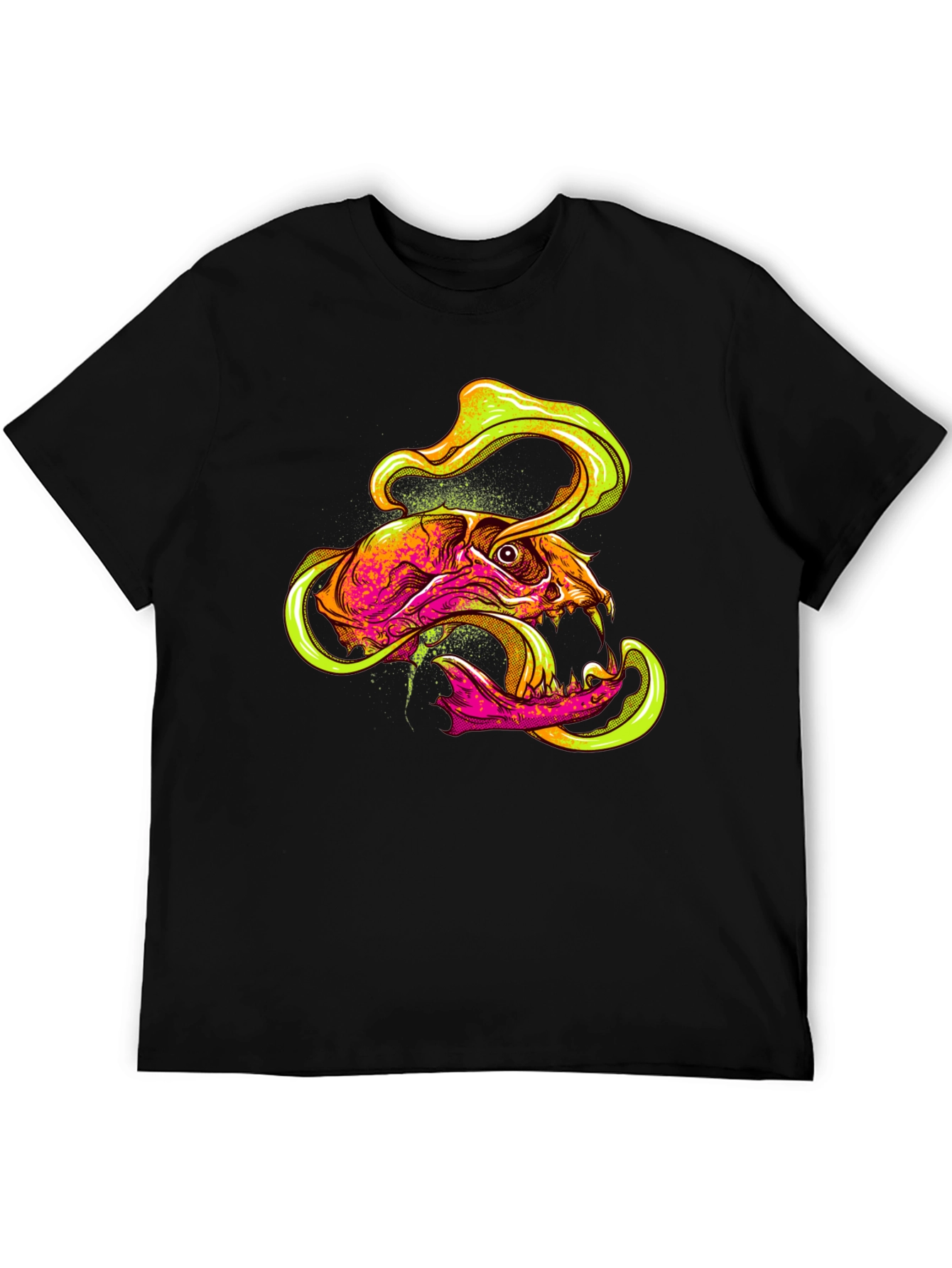 Black Skull Graphic Print T-Shirt - Vivid Neon Design view 5
