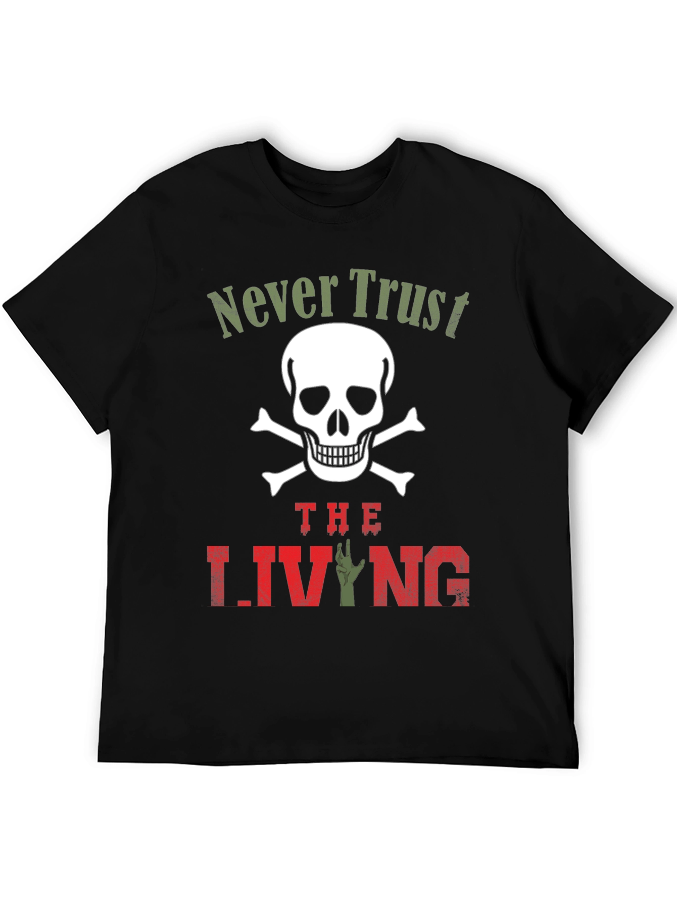 Black Never Trust the Living T-Shirt - Skull & Zombie Hand Design view 5