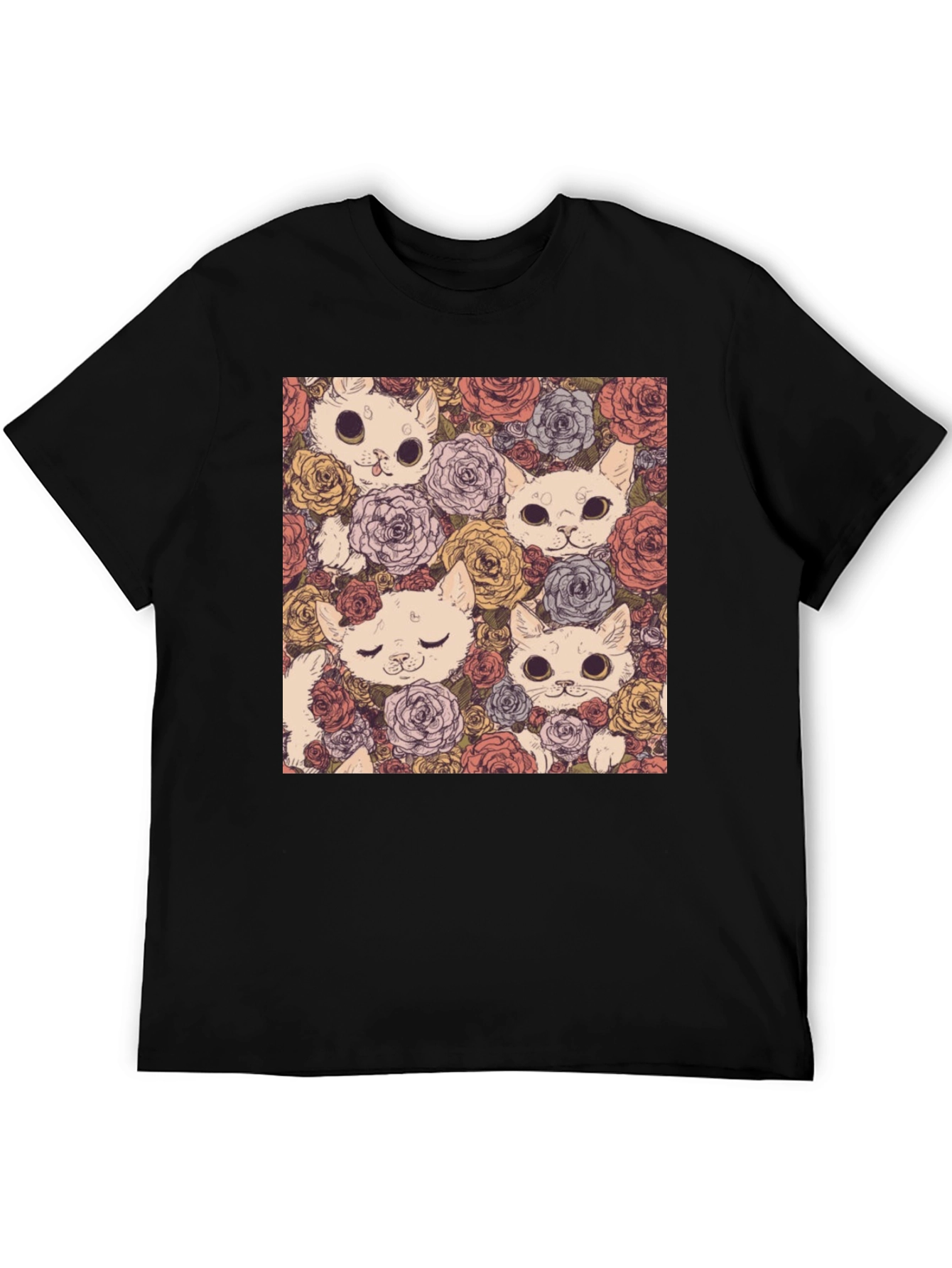 Black Floral Cat Print Black T-Shirt view 5