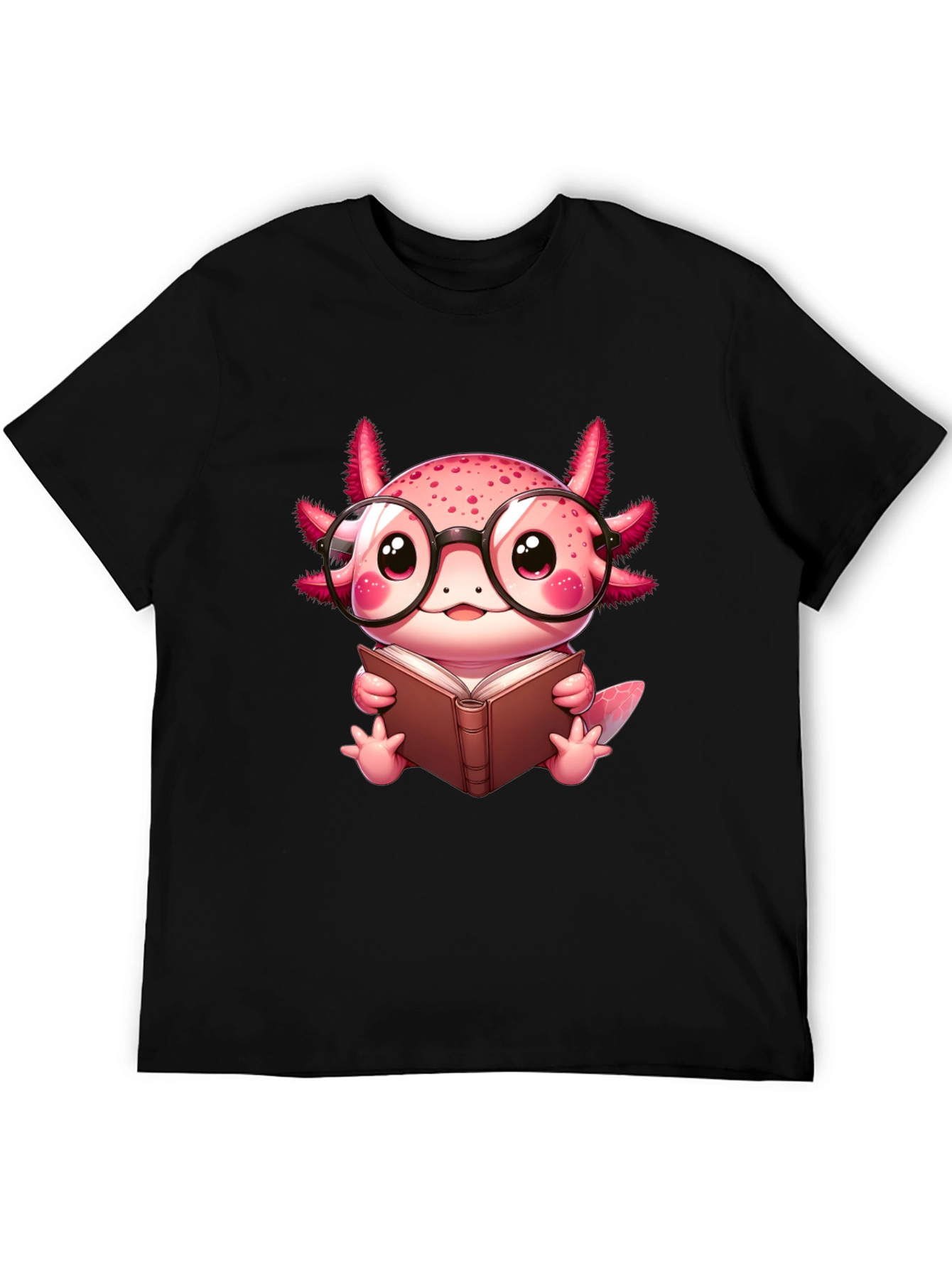 Black Axolotl Reader T-Shirt - Cute Nerdy Axolotl Reading Book Tee view 5