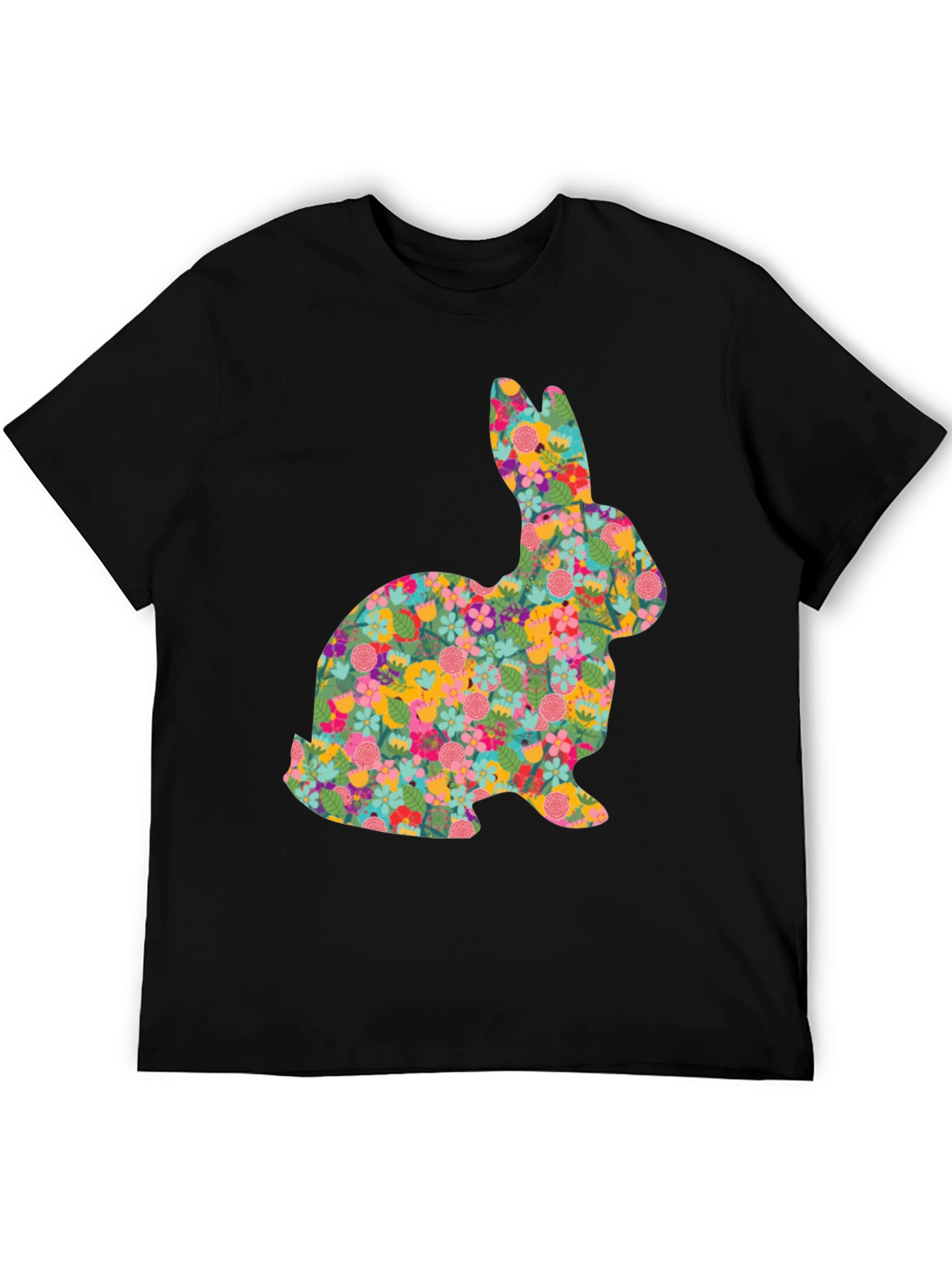 Black Floral Bunny Graphic Tee - Black Cotton Casual Shirt view 5