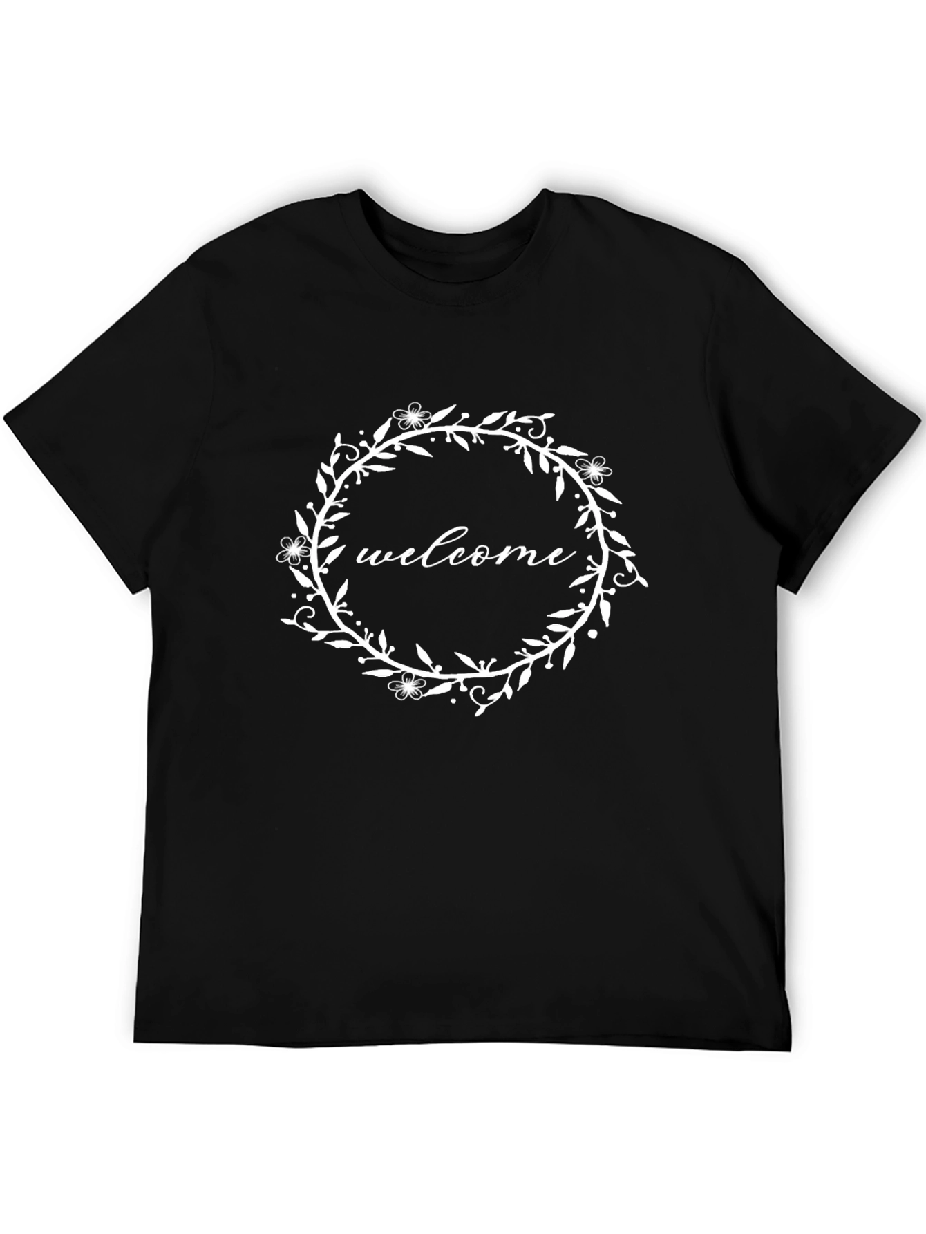 Black Welcome Wreath Graphic Tee - Stylish Black Cotton T-Shirt view 5