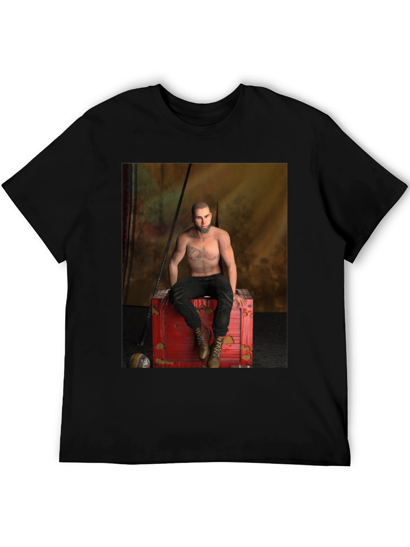 Black Men's Black Graphic T-Shirt - Tattoo Chest Man on Red Box view 5