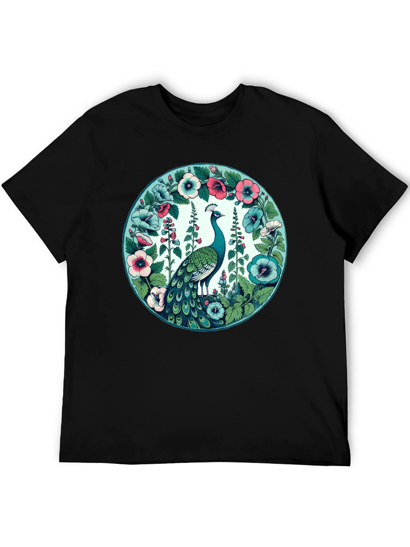 Black Peacock Floral Graphic Tee - Black Cotton T-Shirt view 5
