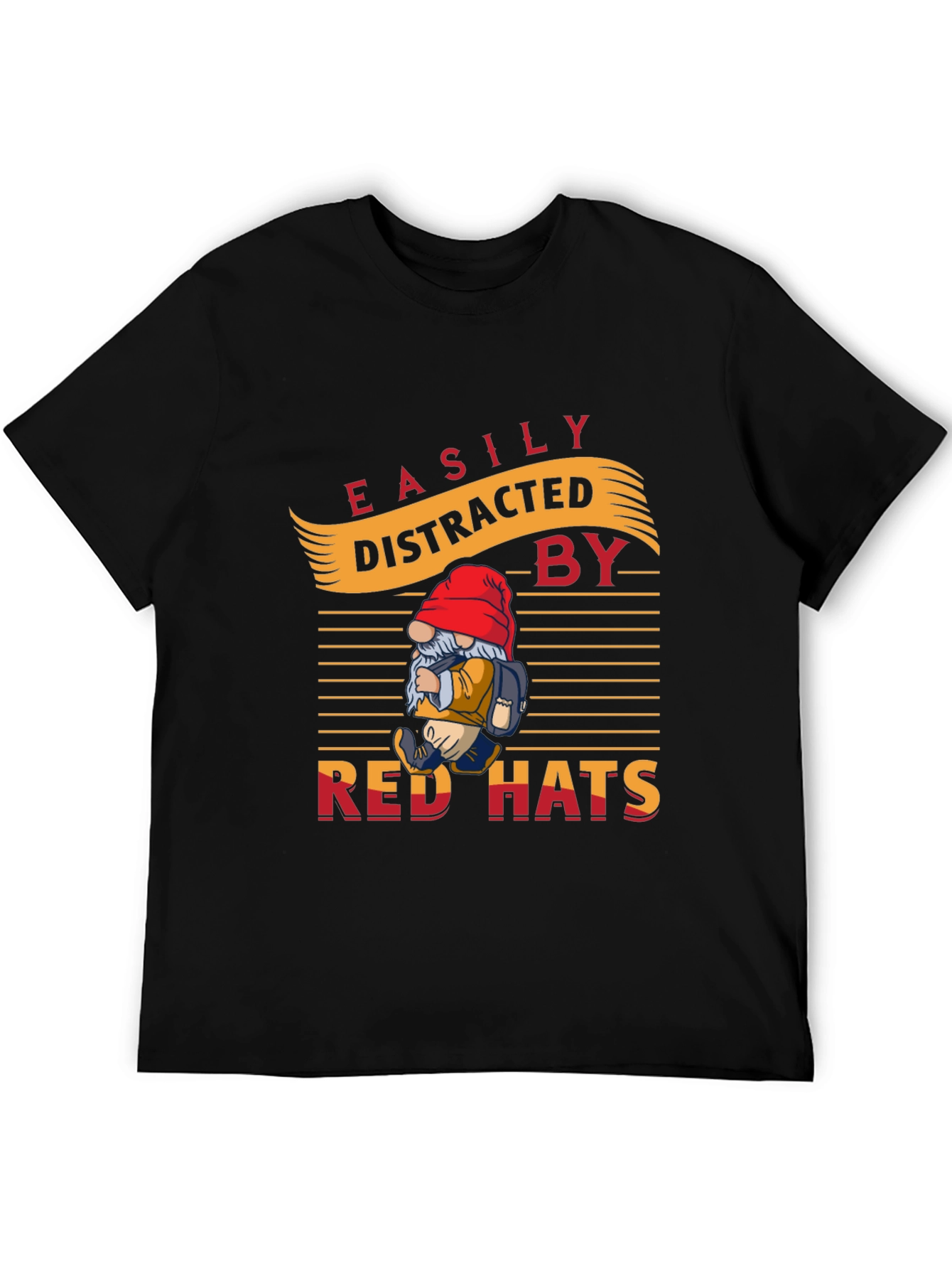 Black Easily Distracted by Red Hats T-Shirt - Novelty Gnome Design view 5