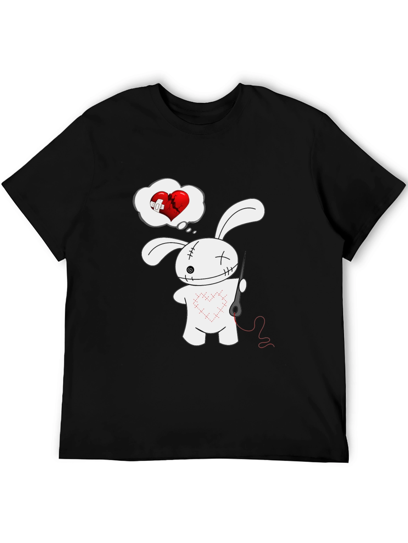 Black Stitched Heart Bunny Graphic Tee - Black Cotton Shirt view 5