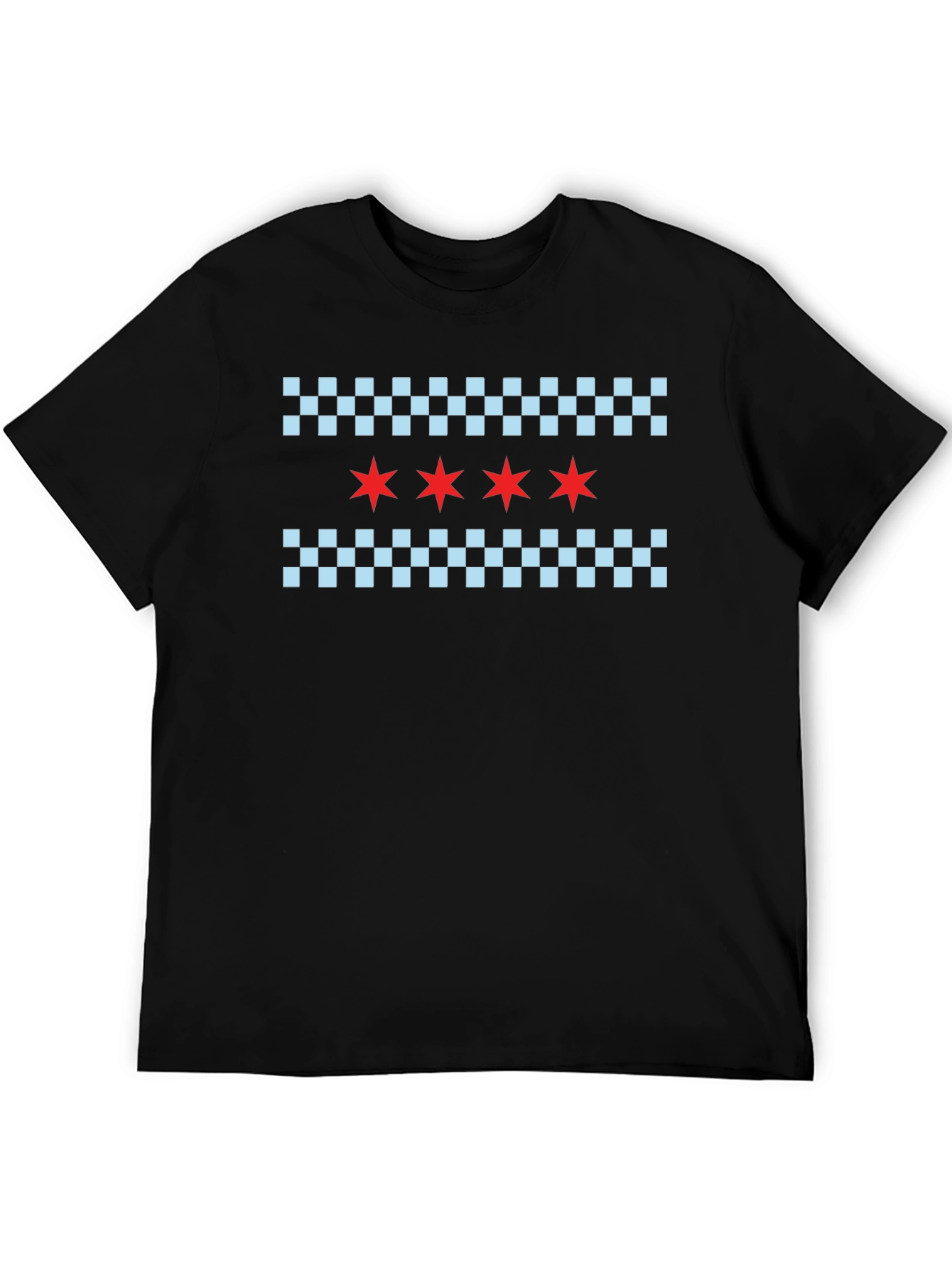 Black Chicago Flag T-Shirt: Red Stars & Checkered Pattern view 5