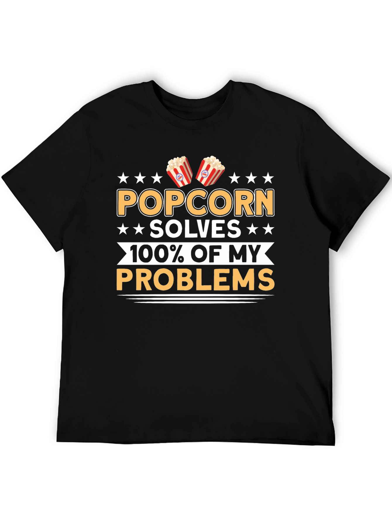 Black Popcorn Solves My Problems Funny T-Shirt view 5