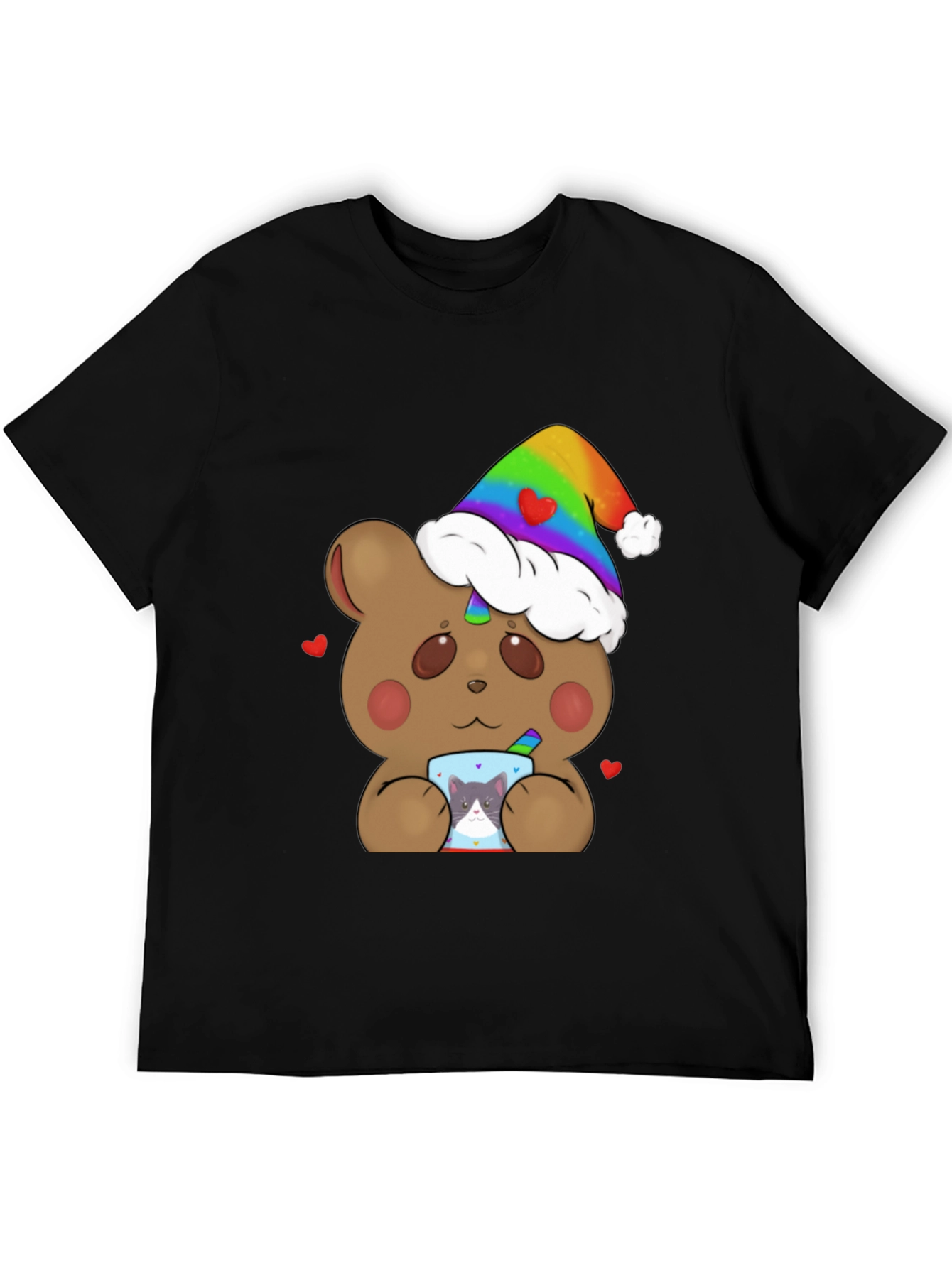 Black Bear with Rainbow Hat & Cat Mug T-Shirt view 5