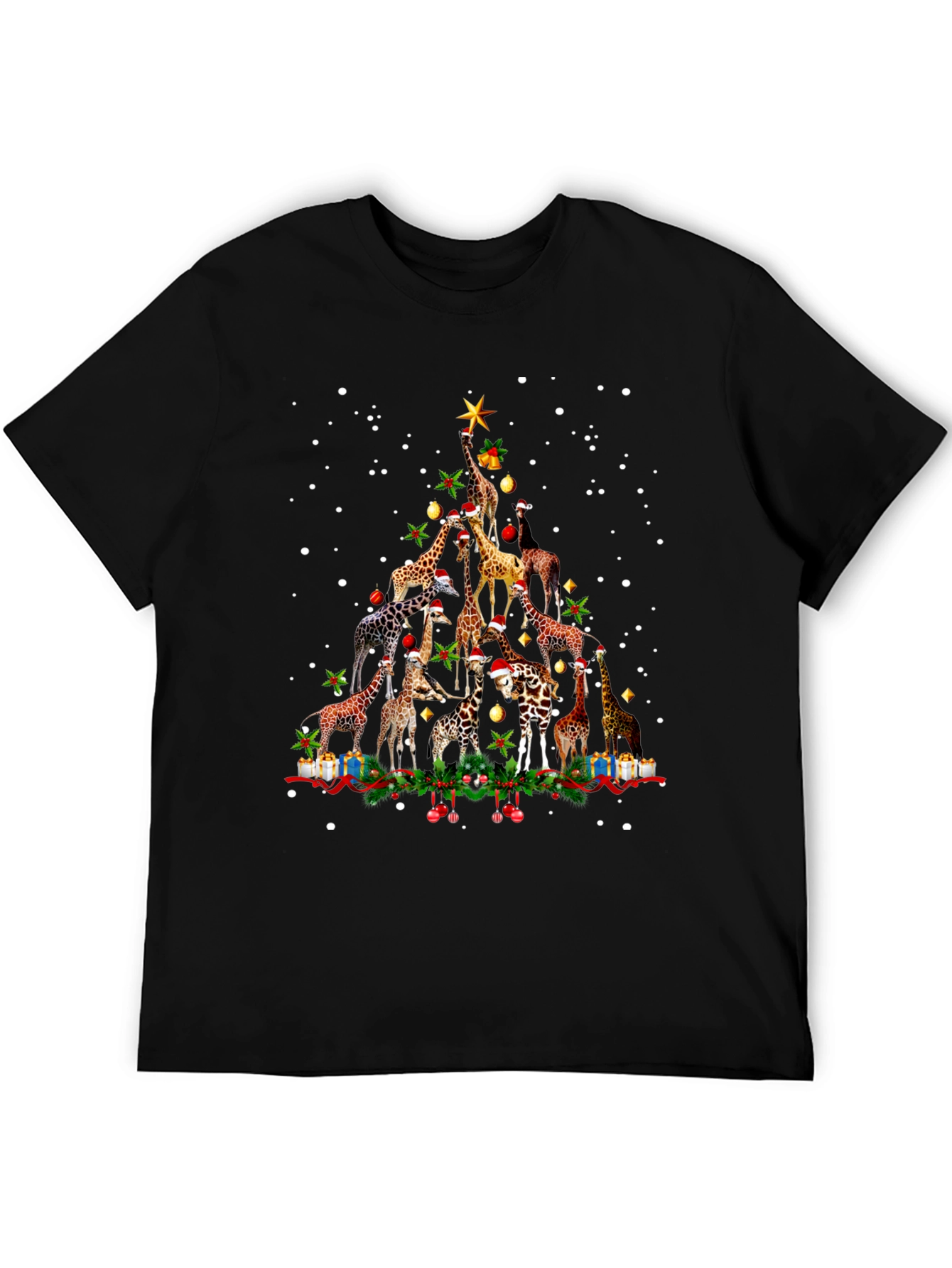 Black Giraffe Christmas Tree Crew Neck T-Shirt view 5