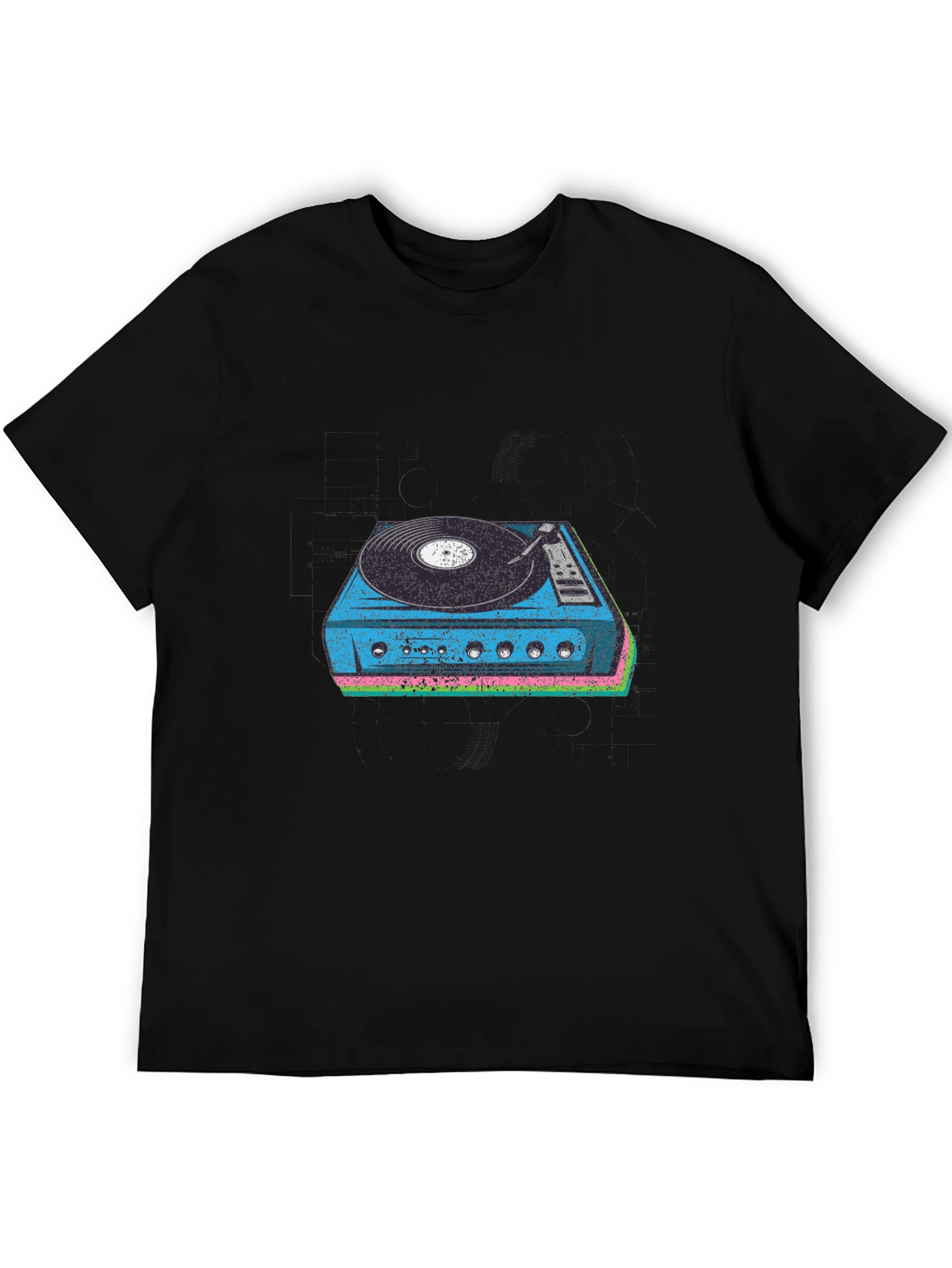 Black Retro Turntable Graphic Tee - Black Cotton Blend view 5