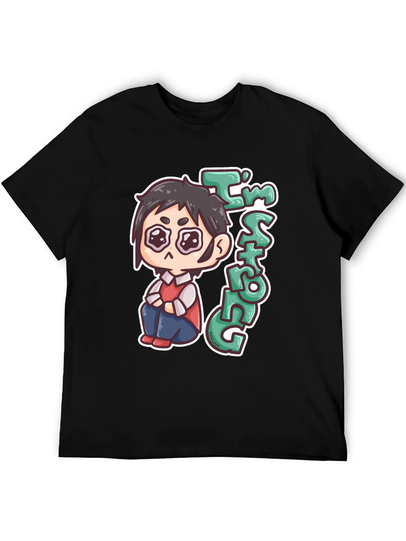 Black Chibi Anime "I'm Strong" Graphic Black T-Shirt view 5