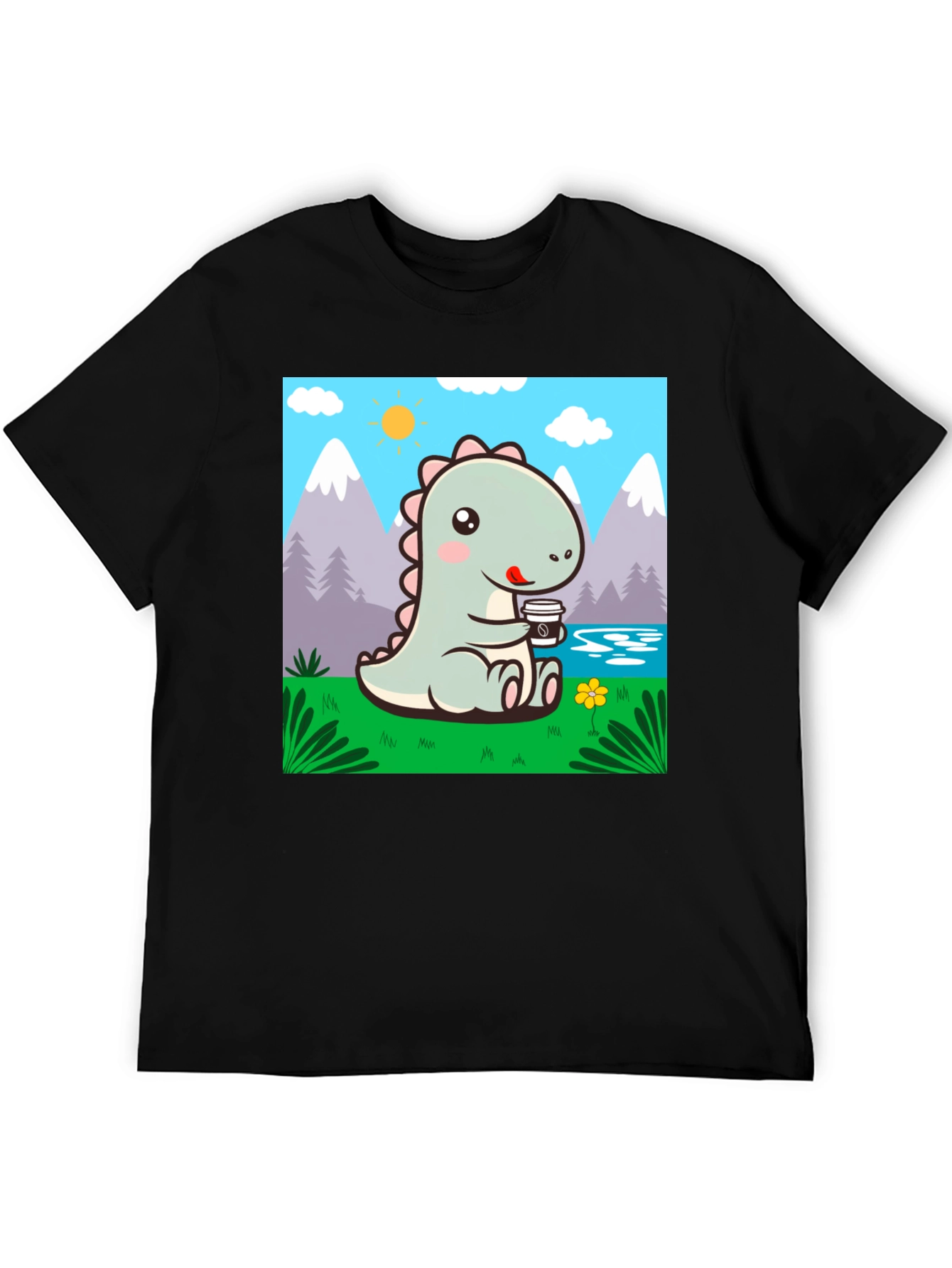 Black Cute Dinosaur Coffee T-Shirt view 5
