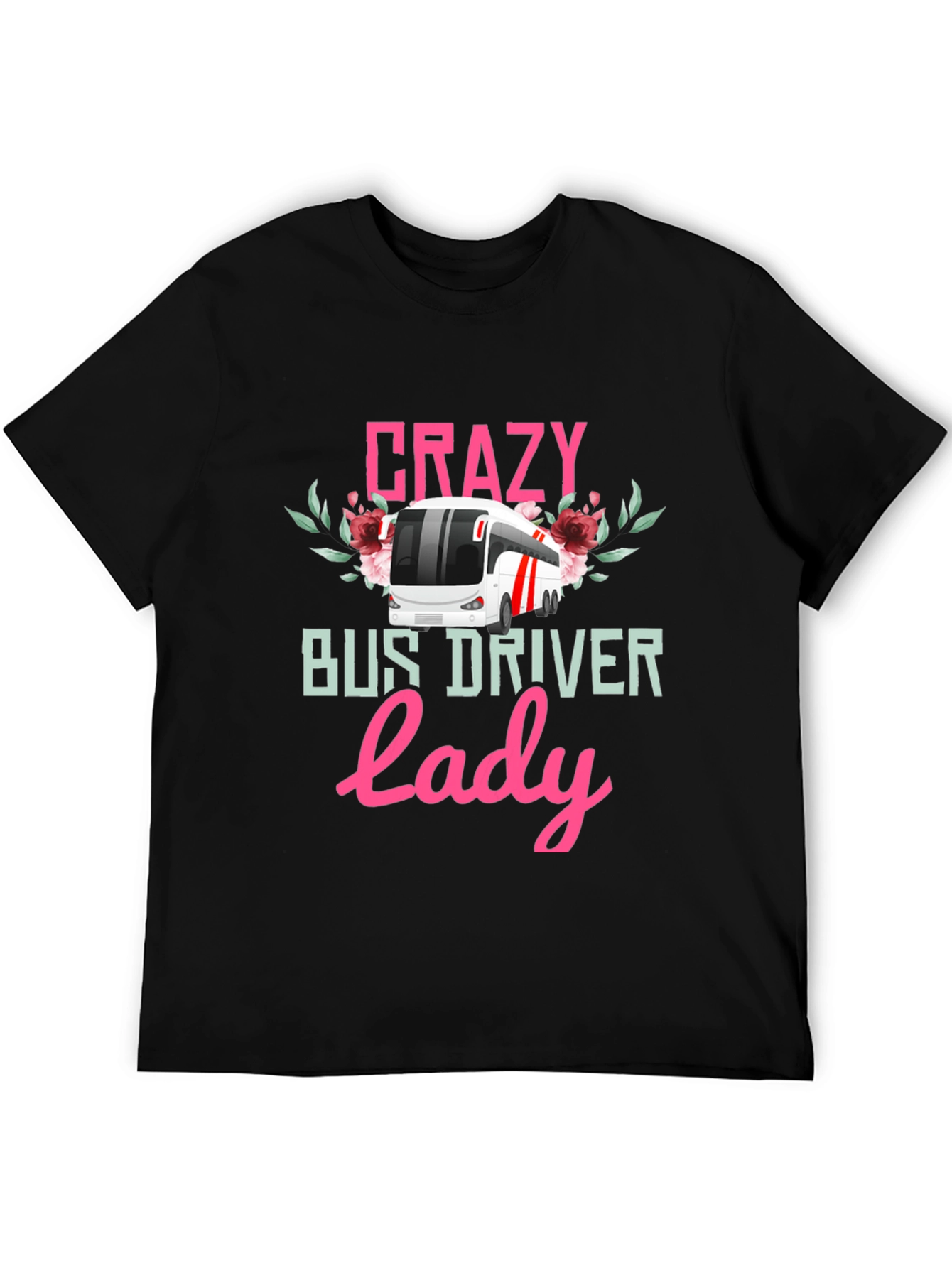 Black Crazy Bus Driver Lady T-Shirt - Floral Design view 5