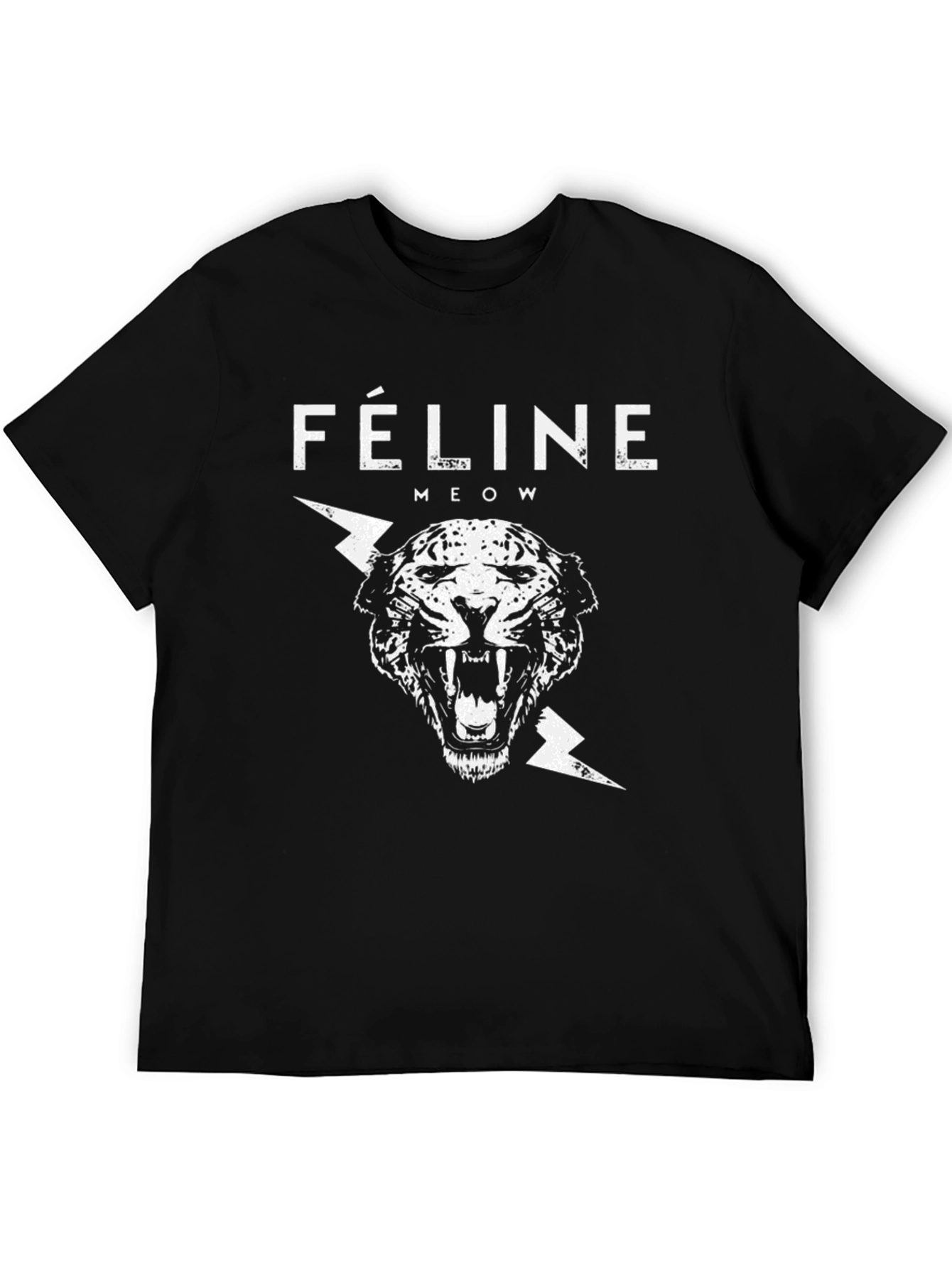 Black Feline Meow Graphic Print Black T-Shirt view 5
